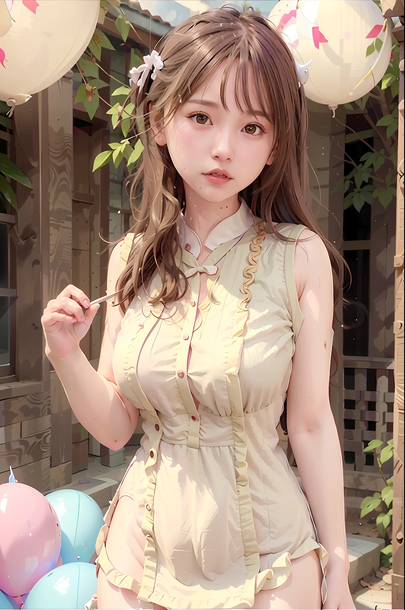 (MASTERPIECE:1.2),(CGI ART:1.3),(REALISTIC:1.5),(POST PROCESSING:1.3),(SHARP FOCUS:1.3),8K,1 girl in bedroom, ((UPPER BODY)), ((white dress)), (((shiny skin))), (wide shot:1.4), window, (((Pastel balloons MESS IN BACKGROUND))), (high shadows detail), (ILLUSTRATION:1.2), (ulzzang-6500 :1.0), ((HDR)), 粗大腿, 宽臀, 细腰, 高个子, 珊瑚色, 红唇, 红眼, 马尾, (汗水: 1.2), (湿), 性感, 脸红