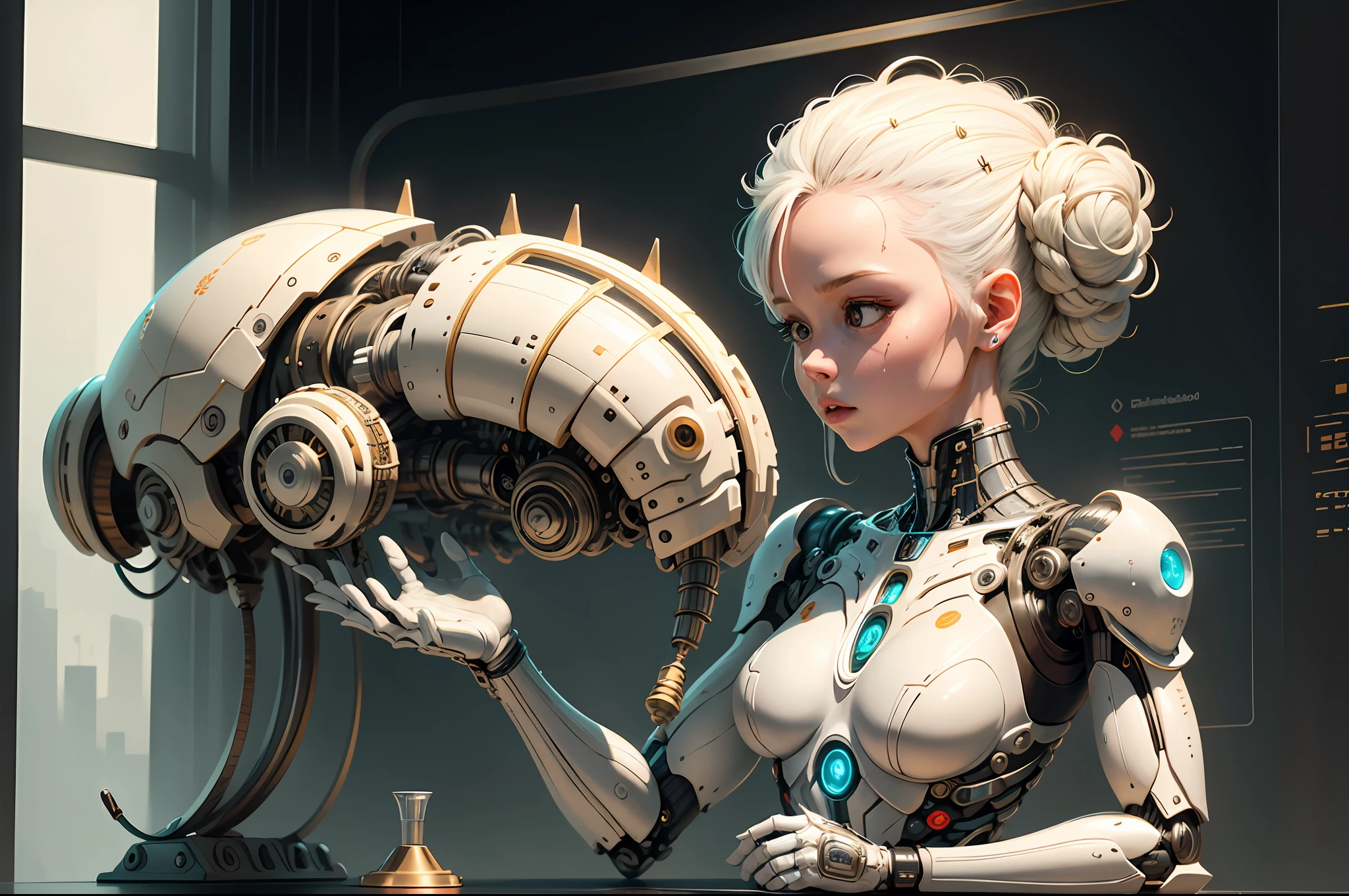 "Created with inspired ultra-detailed conceptual art | in a very developed futuristic world | electronic systems on a humanoid head | robots | have a visible detailed brain | with visible care | muscle cords | biopunk | cybernetics | cyberpunk | white marble statue | canon m50| 100 mm|sharply focused|smooth|surrealism|very detailed|intricate details|Michelangelo carving. Masterpiece. Unleash your inner Cu73Cre4ture programmer with the power of steady diffusion and bring your imagination to life! ", high detail, 8k