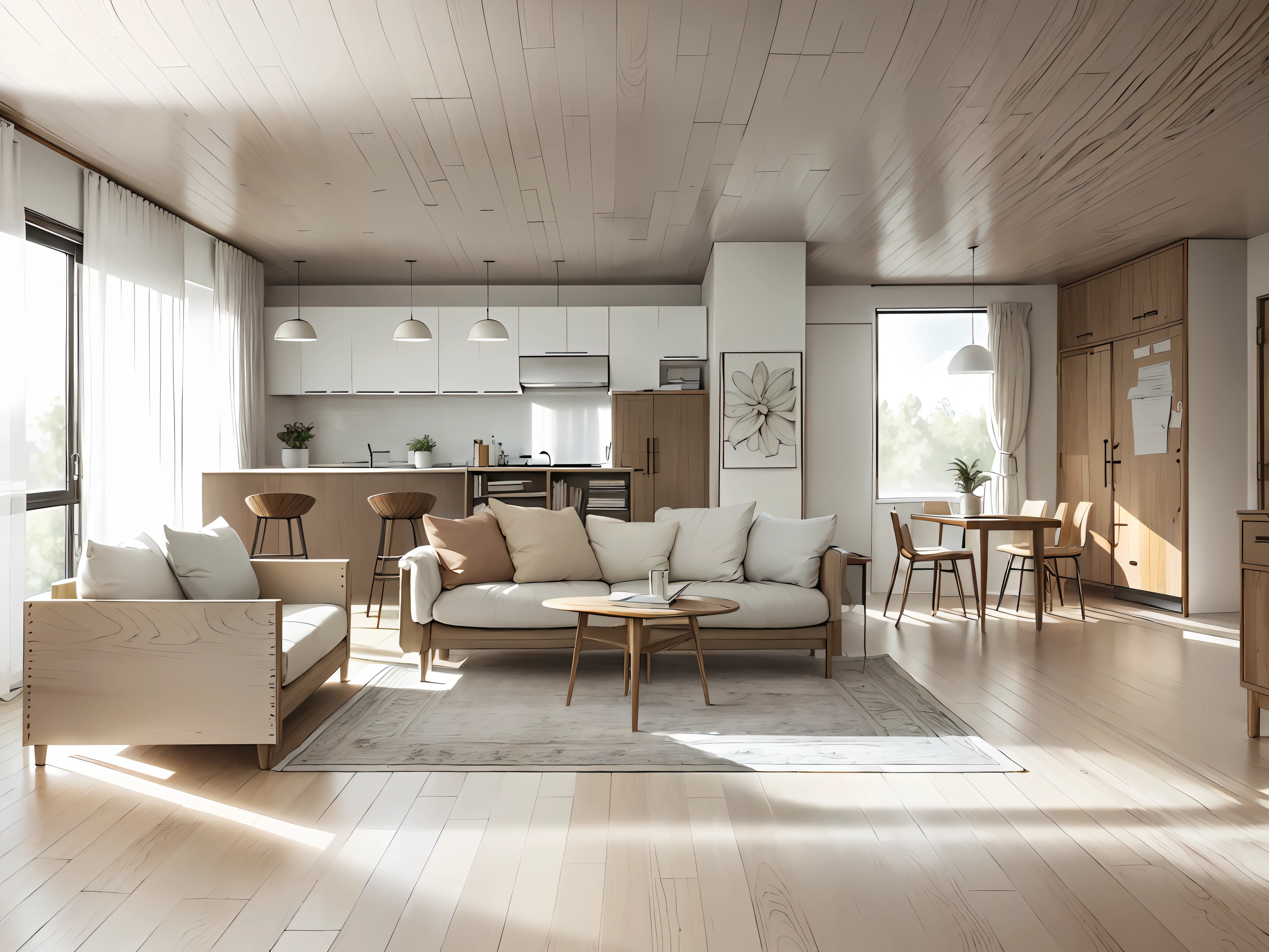 a sketch of a beautiful modern living room, (((foster and partners, artists impression, artistic impression, by Hamish MacDonald, by Carey Morris, by David Brewster, higher detailed illustration, by Helen Berman, an illustration, detailed illustration, by Nick Fudge, by Warren Mahy, artist's impression))), a red kitchen cabinet behind the white sofa, with minimal pictures on the wall, linen curtain next to the classroom window, coffee table, modern wood, ceiling with magnetic emissive lighting, white fabric PRB textures, wooden floor PRB texture,