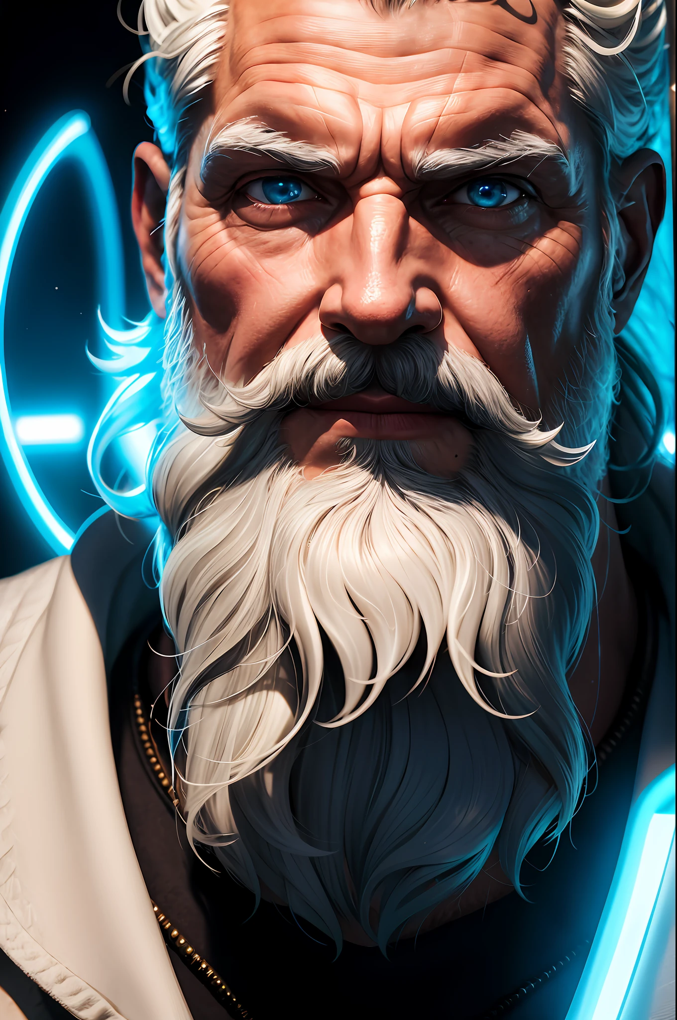 God of Olympus, portrait (close up), Old man zeus, white hair and beard, neon blue rays in the eyes, realistically, dynamic lights, old, full footage, (extremely detailed 8k wallpaper of the CG unit), trend in ArtStation, trend in CGSociety, high detail, sharp focus, dramatic, photorealistic