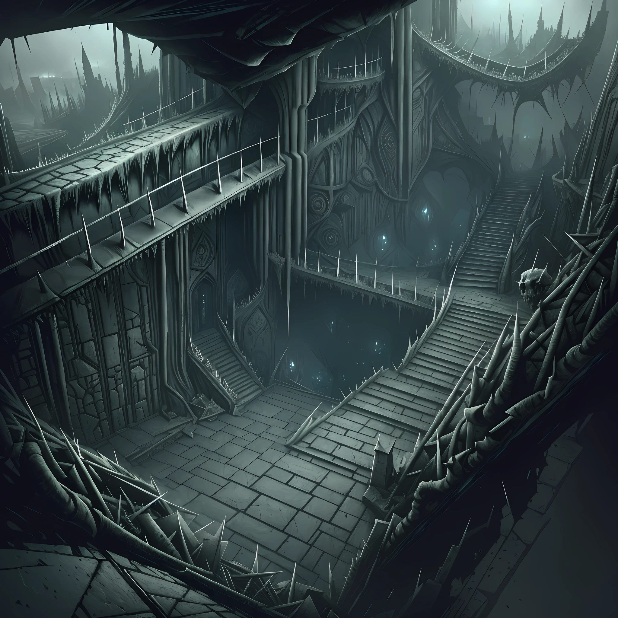 Madness landscape, view from the top of peak, rotten ends inside of Dol Guldur, spiked walls, satanic sculptures. dark floors, one floor with balcony to the abyss view, and floor with madness stair downside, thorns. Creepy illustration, perfect color drawing, Horror art, artstation, uhd, unreal engine, line art drawing style.