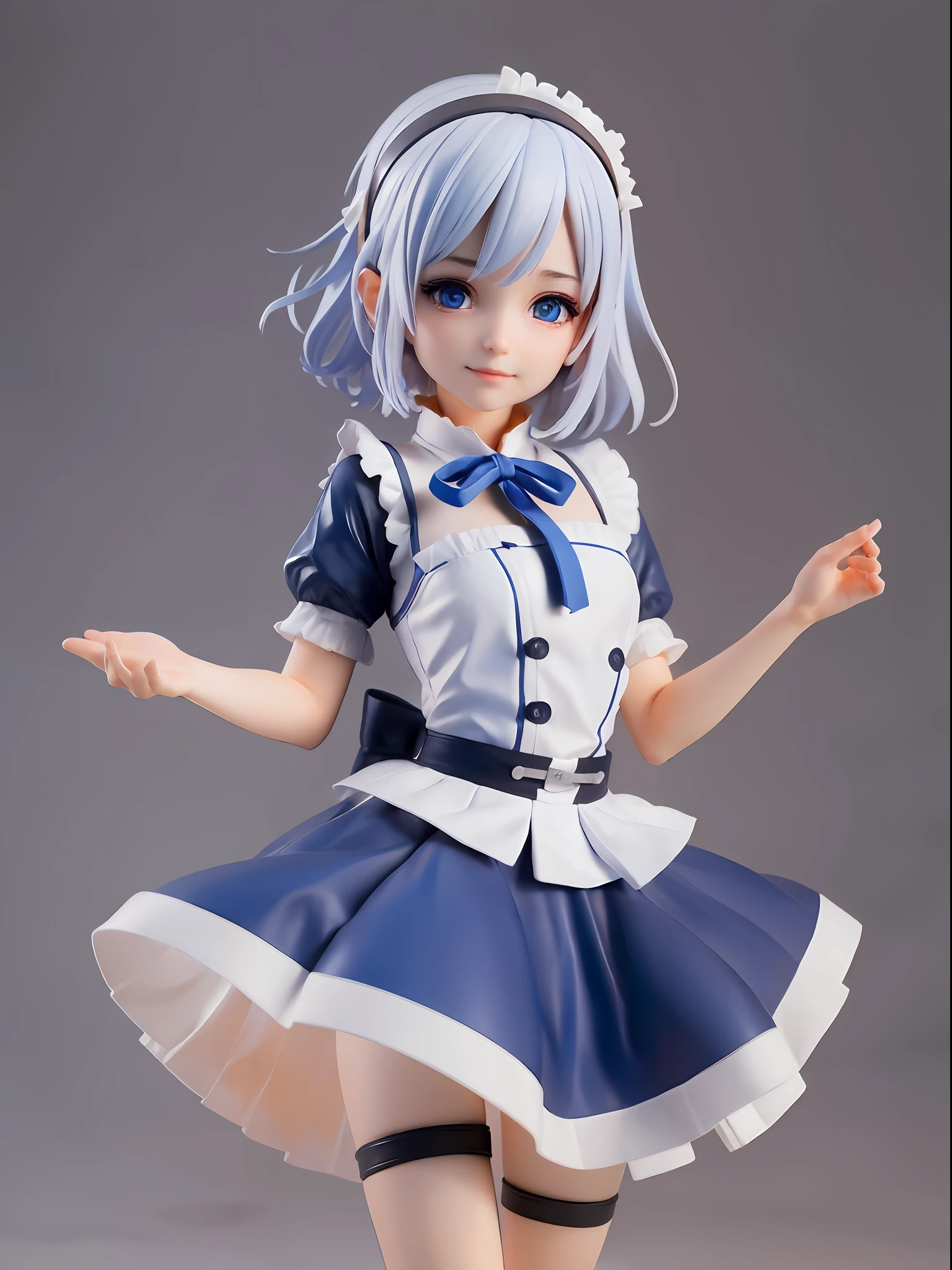 1girl,white hair,((bule hair tips)),black headphone,blue ribbon hairband,maid clothes(white blue),blue eye,hand up, short hair,hair between eyes BREAK full body, chibi, [realistic], [3d], (3dcg), ((octane render)), smile, closed mouth BREAK (8k, RAW photo, best quality, masterpiece:1.2), ultra high res, (((realistic, photo-realistic))), professional lighting, detailed lighting, professional photography, fisheye, dynamic angle, high quality, high res, extremely detailed, bloom BREAK depth of field, sketch, sharp focus, soft lighting, good composition, god light highlight, detailed, (((photorealistic details))), detailed skin, to8contrast style