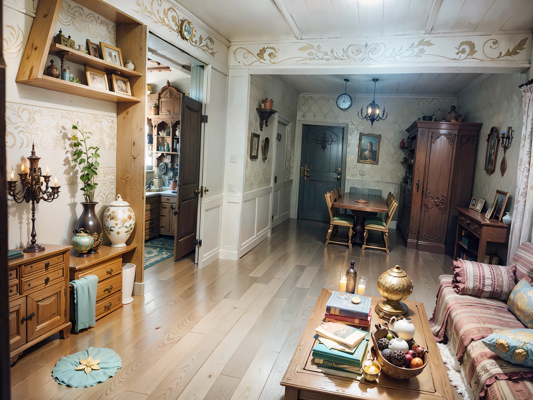 A fantasy fairy tale style room, horse, hobbit room, retro gorgeous texture, complex structure and pattern, exquisite ornaments and ornaments, wooden structure, HD, 8K, realism, dark yellow light