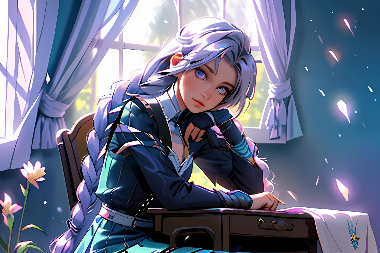 Girl sitting on a school chair, with long hair with flowers, one big long braid on her side, looking out the window, beautiful and detailed eyes, beautiful hands, nice sharp lips, thinking, quiet atmosphere, sunlight