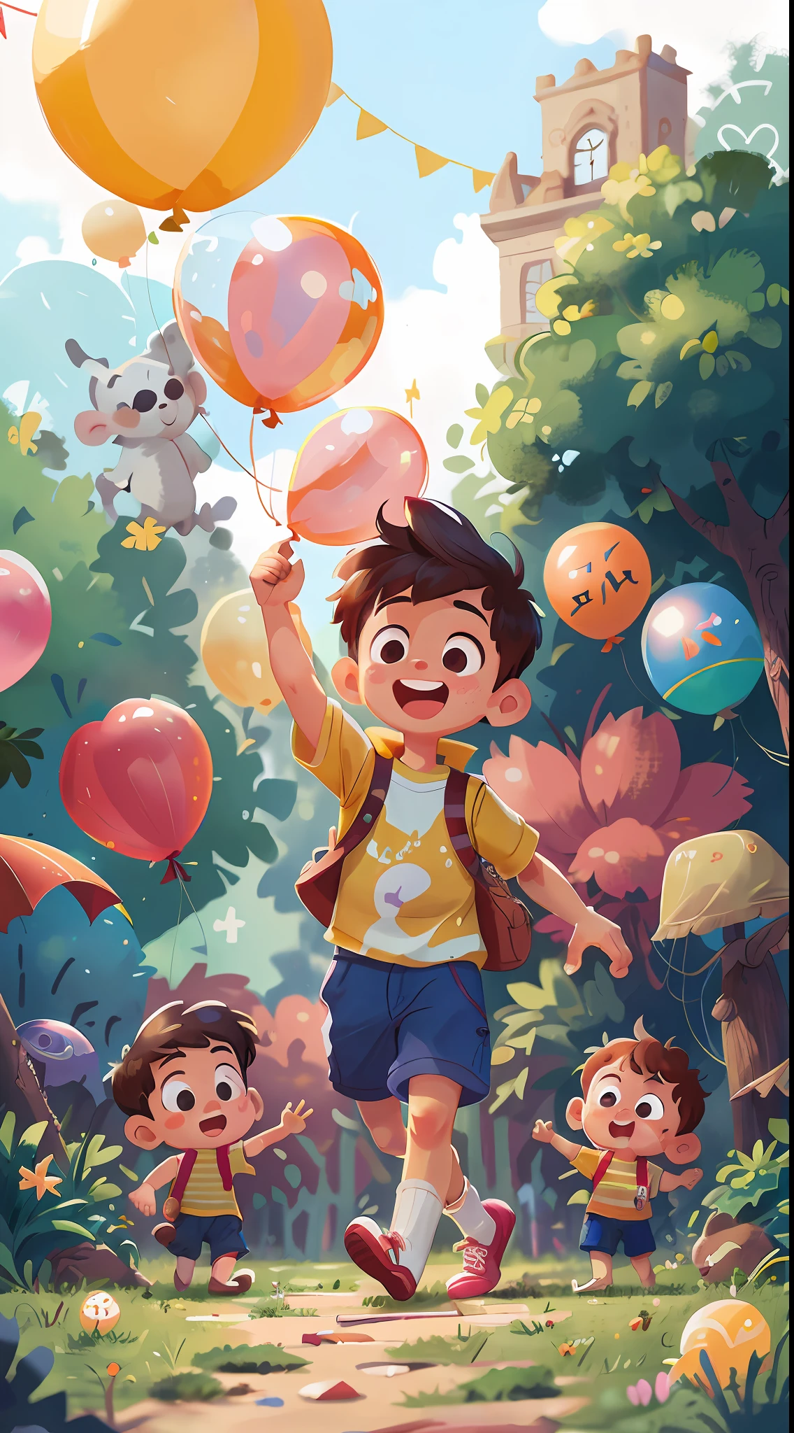 A boy, zoo, many balloons, happy, happy, perfect quality, clear focus (clutter - home: 0.8), (masterpiece: 1.2) (realistic: 1.2) (bokeh) (best quality) (detailed skin: 1.3) (intricate details) (8K) (detail eyes) (sharp focus), (happy), full body, two children, clean background, running