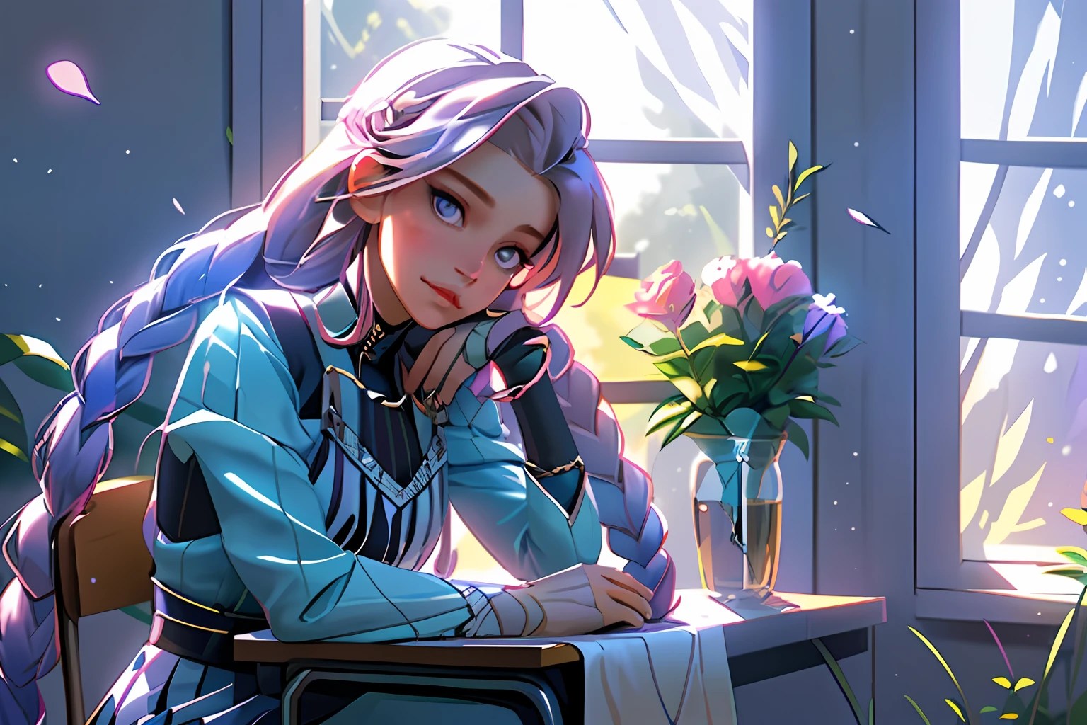 Girl sitting on a school chair, with long hair with flowers, one big long braid on her side, looking out the window, beautiful and detailed eyes, beautiful hands, nice sharp lips, thinking, quiet atmosphere, sunlight