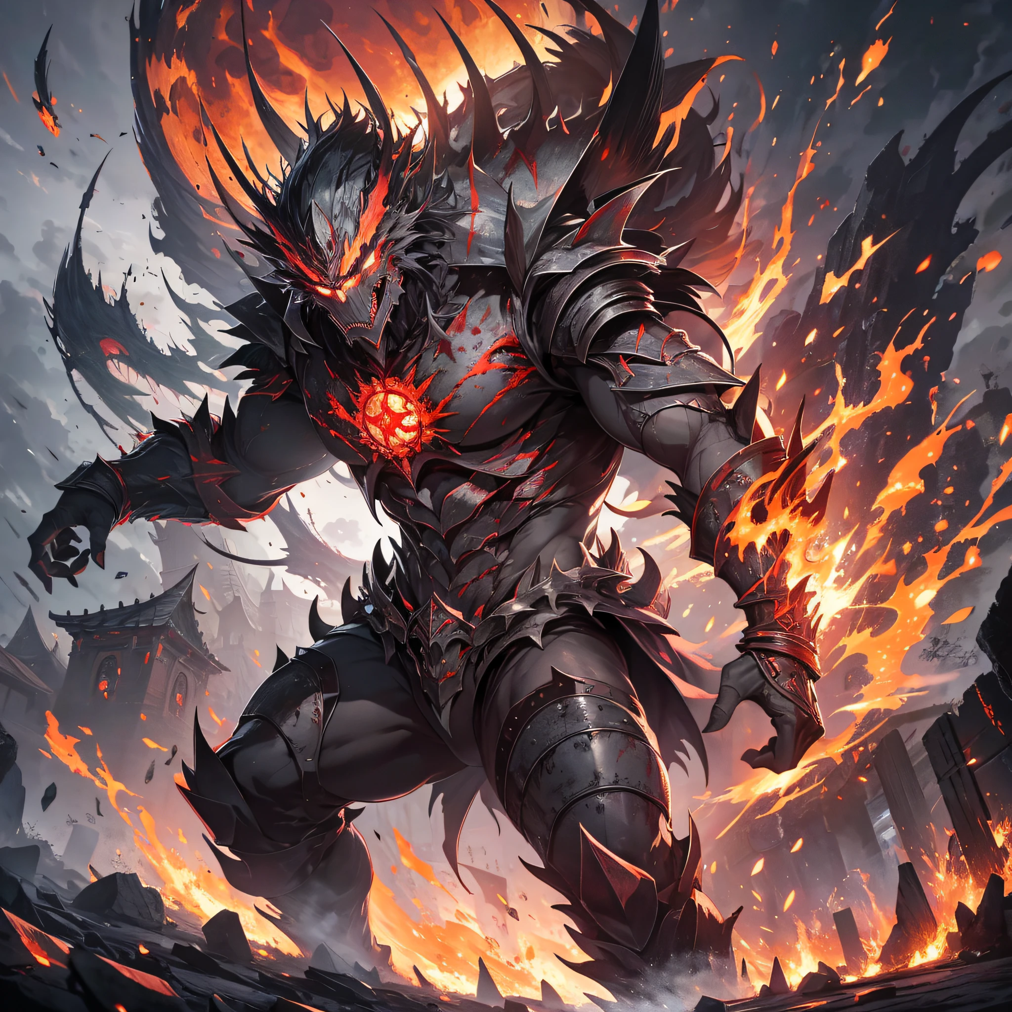 Huge monsters tear open the steel gate, night, blood moon, shock, fire
