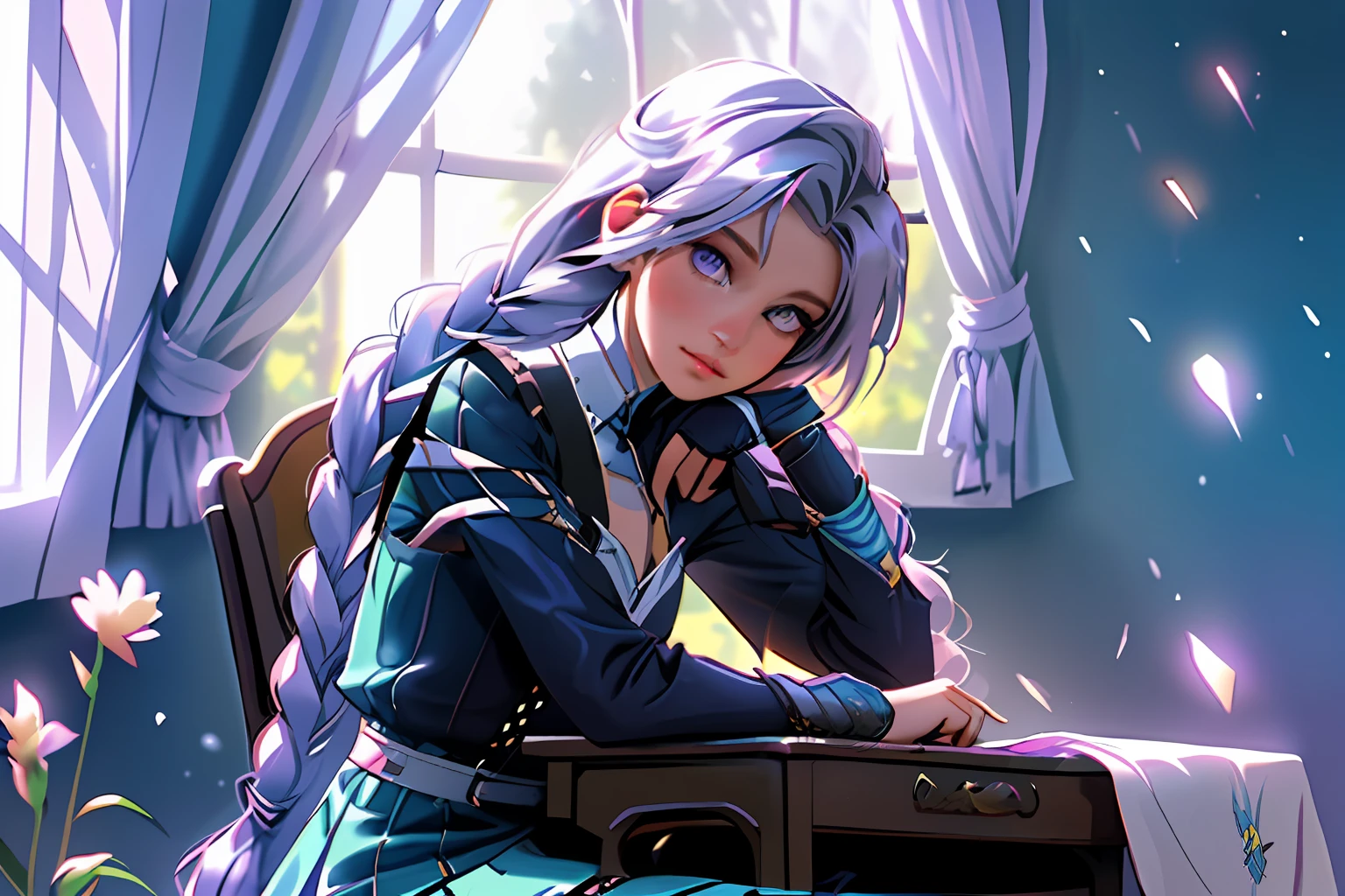 Girl sitting on a school chair, with long hair with flowers, one big long braid on her side, looking out the window, beautiful and detailed eyes, beautiful hands, nice sharp lips, thinking, quiet atmosphere, sunlight