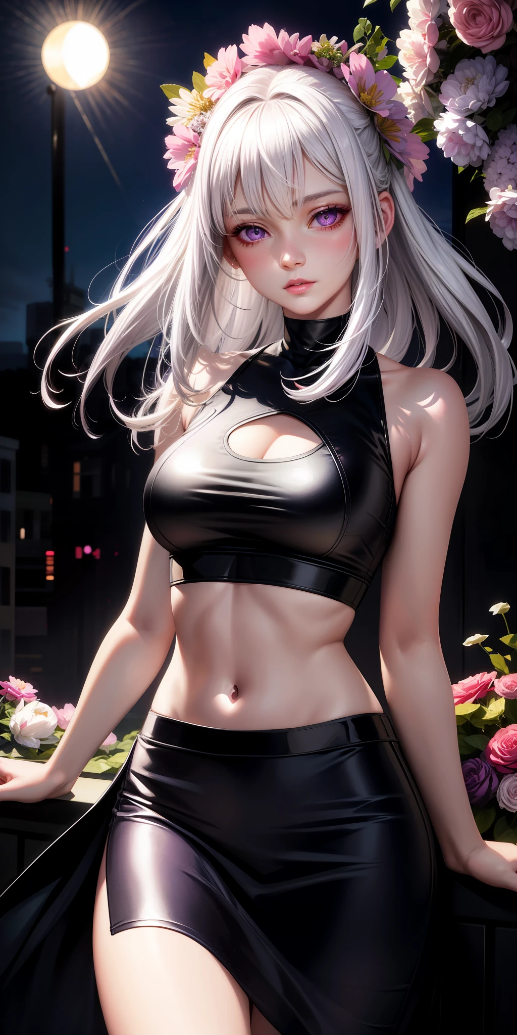 realistic, 1girl, white hair, purple eyes, glowing eyes, crop top, skirt, parted lips, blush, night, flowers, sun, sunlight,