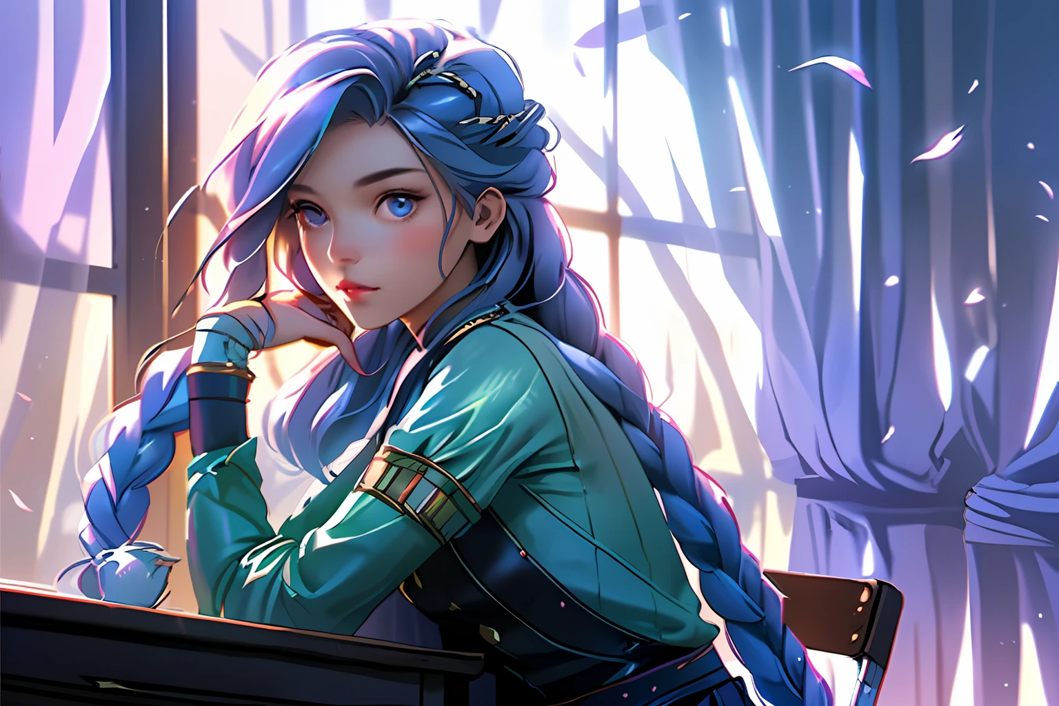 Girl sitting on a school chair, with long hair with flowers, one big long braid on her side, looking out the window, beautiful and detailed eyes, beautiful hands, nice sharp lips, thinking, quiet atmosphere, sunlight