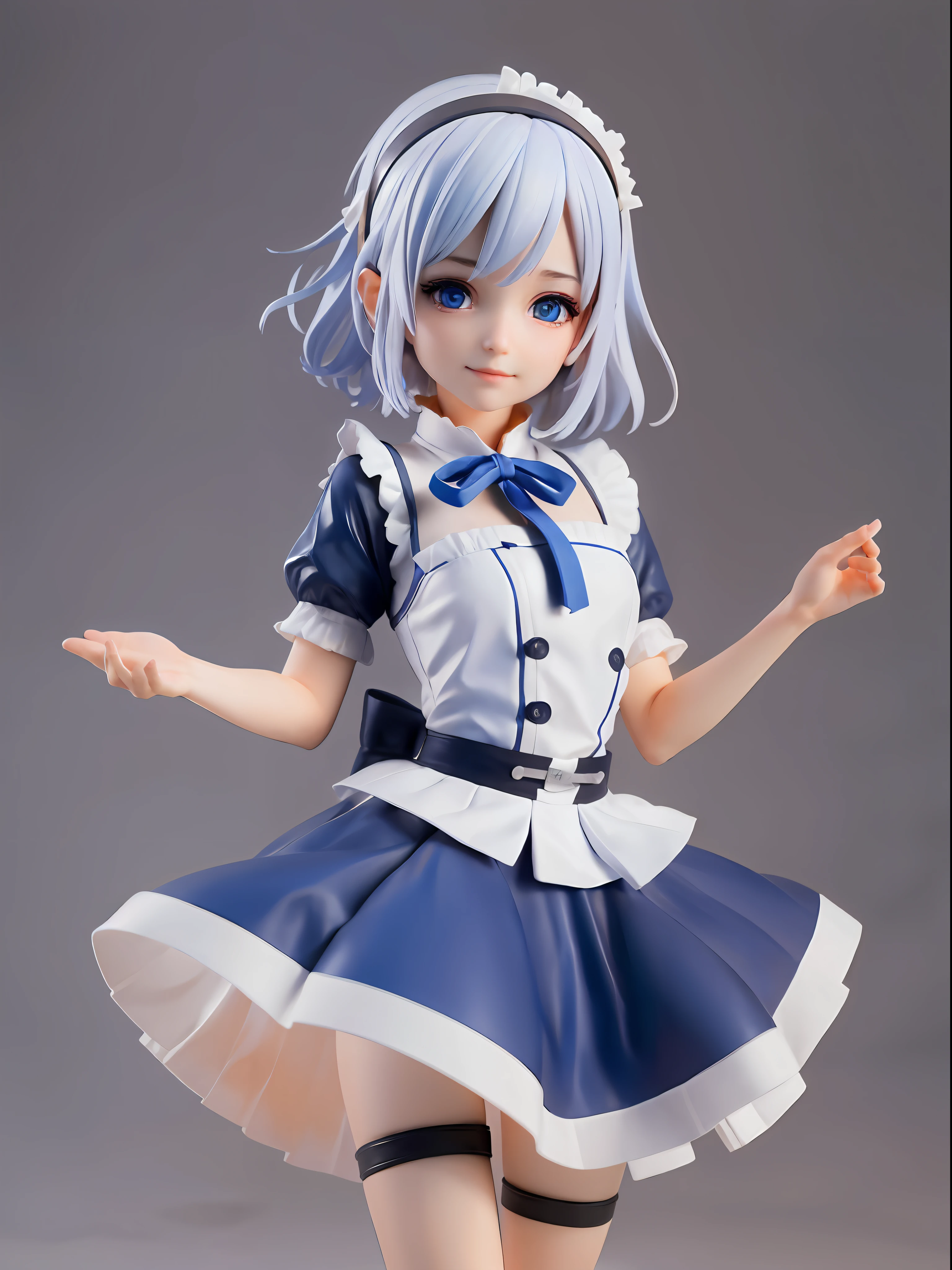 1girl,white hair,((bule hair tips)),black headphone,blue ribbon hairband,maid clothes(white blue),blue eye,hand up, short hair,hair between eyes BREAK full body, chibi, [realistic], [3d], (3dcg), ((octane render)), smile, closed mouth BREAK (8k, RAW photo, best quality, masterpiece:1.2), ultra high res, (((realistic, photo-realistic))), professional lighting, detailed lighting, professional photography, fisheye, dynamic angle, high quality, high res, extremely detailed, bloom BREAK depth of field, sketch, sharp focus, soft lighting, good composition, god light highlight, detailed, (((photorealistic details))), detailed skin, to8contrast style