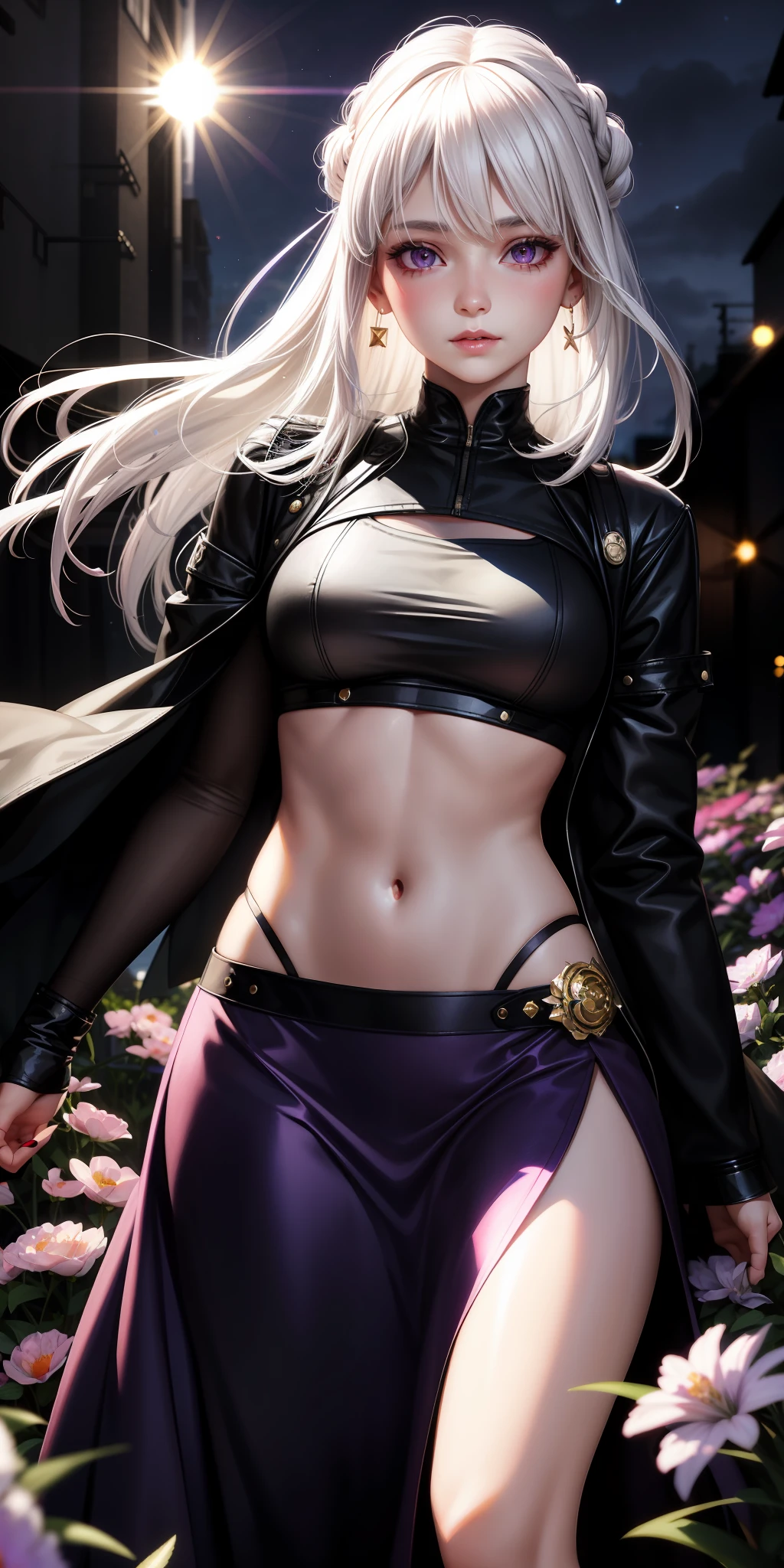 realistic, 1girl, white hair, purple eyes, glowing eyes, crop top, skirt, parted lips, blush, night, flowers, sun, sunlight,