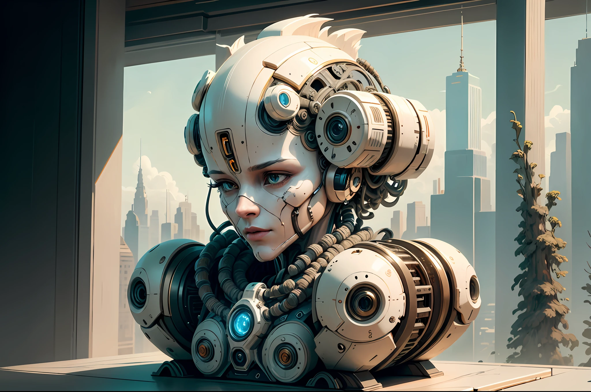 "Created with inspired ultra-detailed conceptual art | in a very developed futuristic world | electronic systems on a humanoid head | robots | have a visible detailed brain | with visible care | muscle cords | biopunk | cybernetics | cyberpunk | white marble statue | canon m50| 100 mm|sharply focused|smooth|surrealism|very detailed|intricate details|Michelangelo carving. Masterpiece. Unleash your inner Cu73Cre4ture programmer with the power of steady diffusion and bring your imagination to life! ", high detail, 8k
