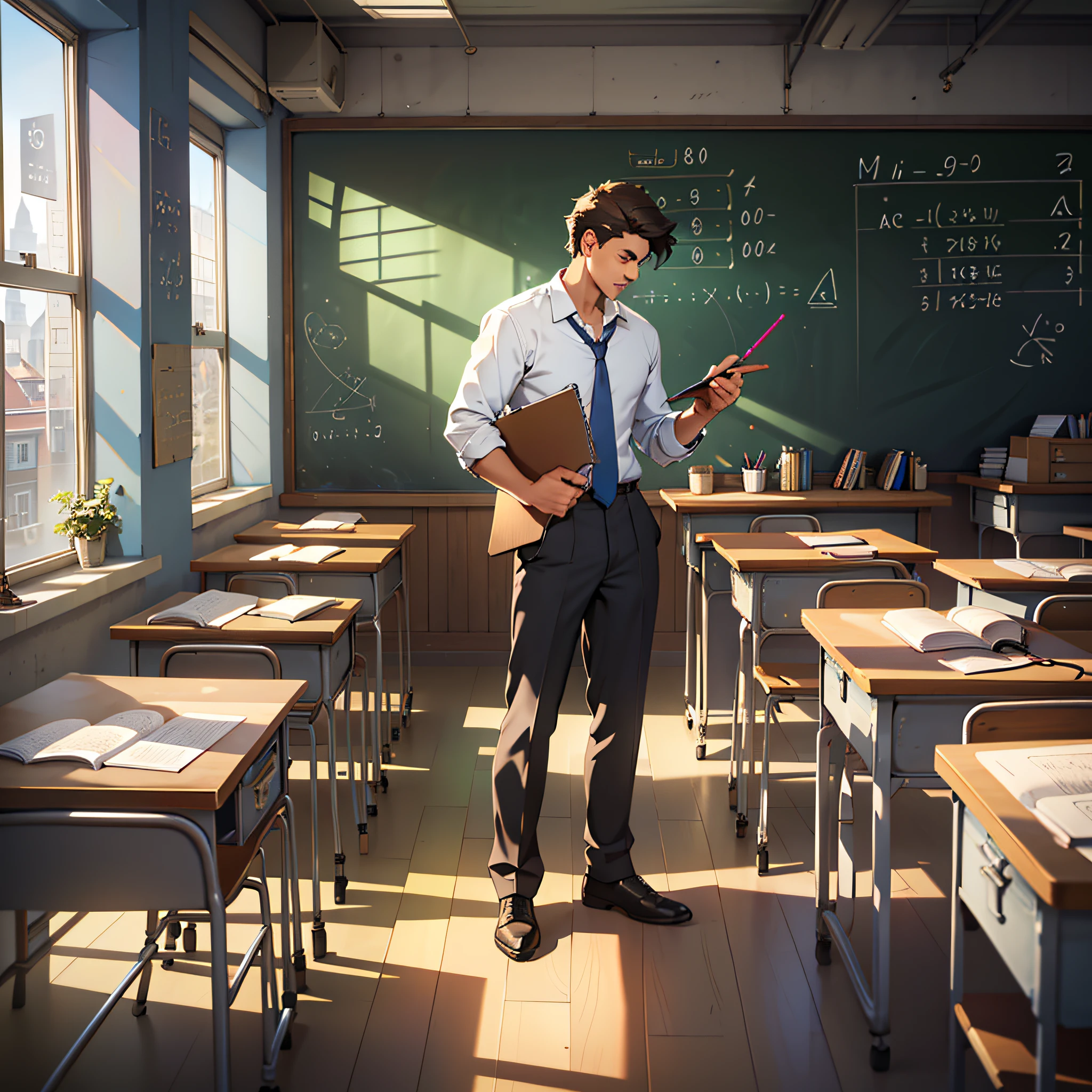 ((Masterpiece)), ((best quality)), 8K, high detailed, ultra-detailed, a boy sitting at his desk in a classroom,((textbooks and notebooks on the table)),((blackboard with math equations written on it)),((large windows that let in bright sunlight)),((classmates in the background engaged in different activities)),((a clock ticking on the wall)),((teacher standing at the front of the room holding a piece of chalk)) --auto --s2