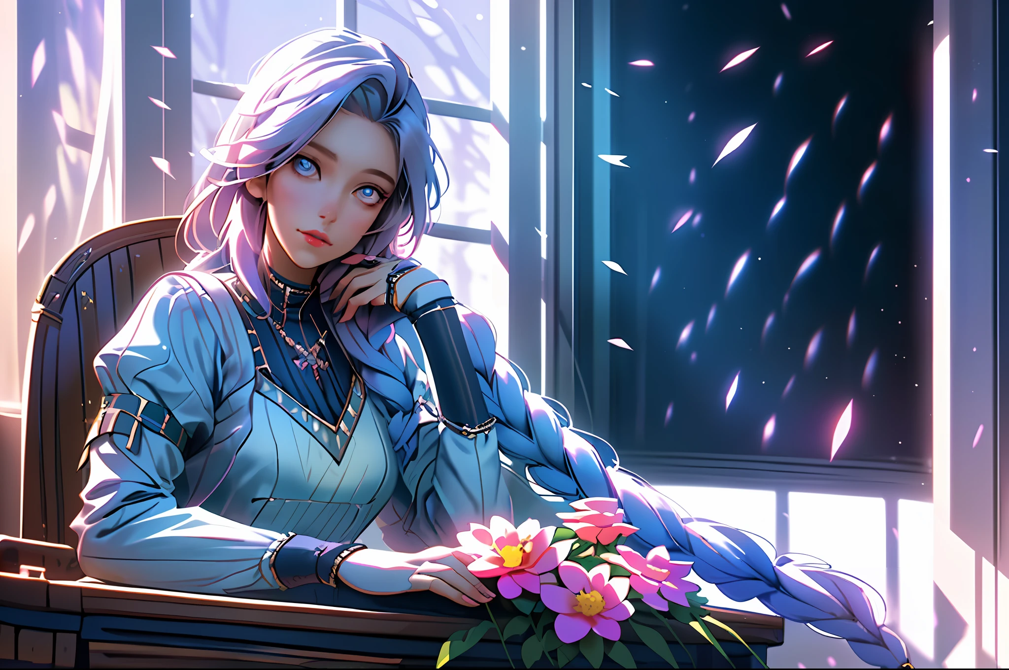 Girl sitting on a school chair, with long hair with flowers, one big long braid on her side, looking out the window, beautiful and detailed eyes, beautiful hands, nice sharp lips, thinking, quiet atmosphere, sunlight, high details, UHD, 8k, best quality