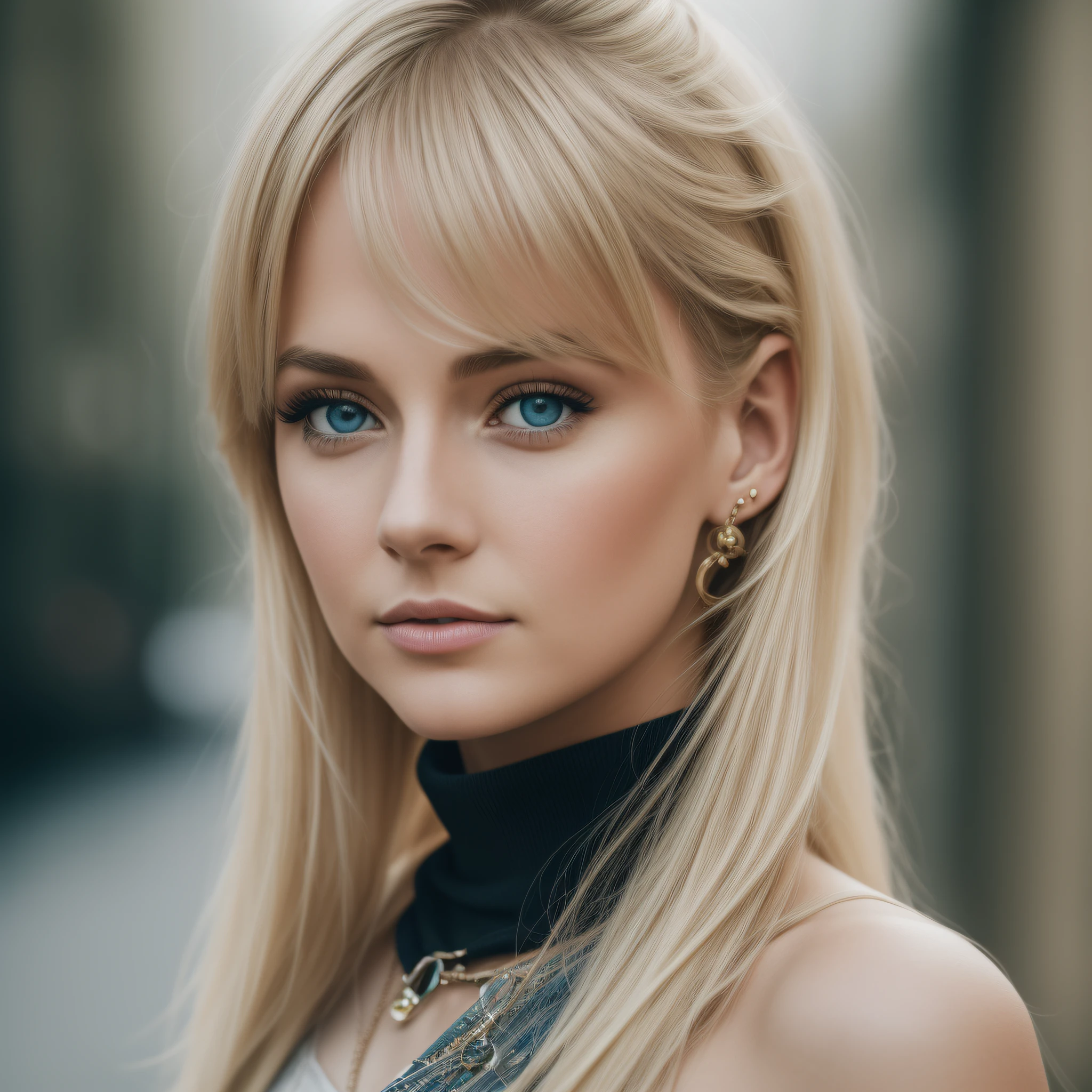 Slender, young, short blonde hair, blue eyes, in town, natural skin texture, 24mm, 4K textures, soft cinematic light, RAW photography, photorealistic, photorealistic, complex, elegant, highly detailed, sharp focus, (((cinematic look))), calm Tone, Insane Detail, Complex Detail, Ultra Detail, High Contrast, Soft Cinematic Light, Dim Colors, Exposure Blending, HDR, Faded, Cold, Waist Thin, Well-Proportioned, (8k, 4k, Top Quality, Hi-Res: 1.1), (Realistic, Photorealistic: 1.1), Girl 1 People, Solo, Face, Twin Tails, Blonde Hair, Bangs, Long Hair, Necklace, Earrings, Lips, Eye Shadow, Jewelry, (Viewer Looking For: 1.8), Spaghetti Straps, Detail, High Contrast, from_side, srfc, stunning complex full color portrait, wearing black turtleneck, spectacular character composition, by Ilya Kubushinov, Alessio Albi, Nina Masic, sharp focus, natural light, sub-surface scatter, f2, 35mm, film grain