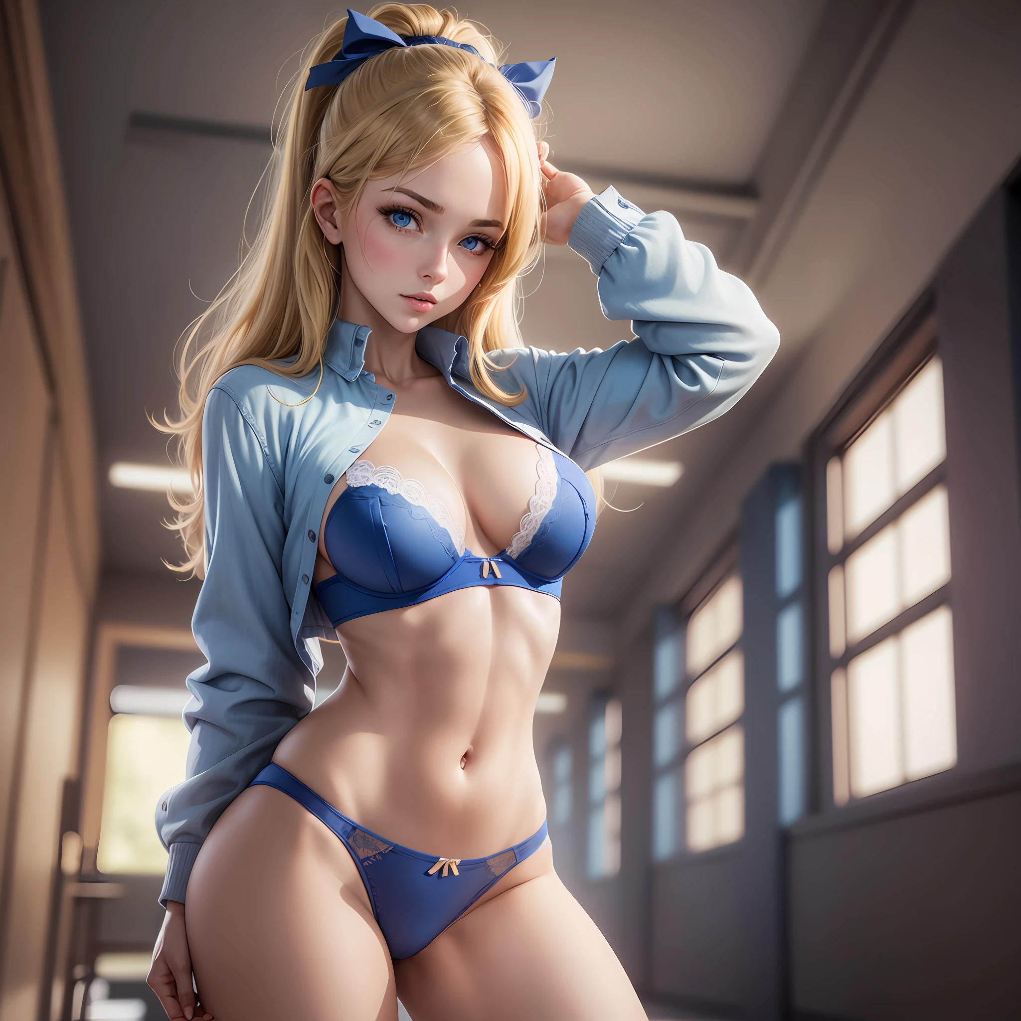 A woman, dynamic pose, inside the school, blonde, blue eyes, perfect hand, blue bra, blue panties