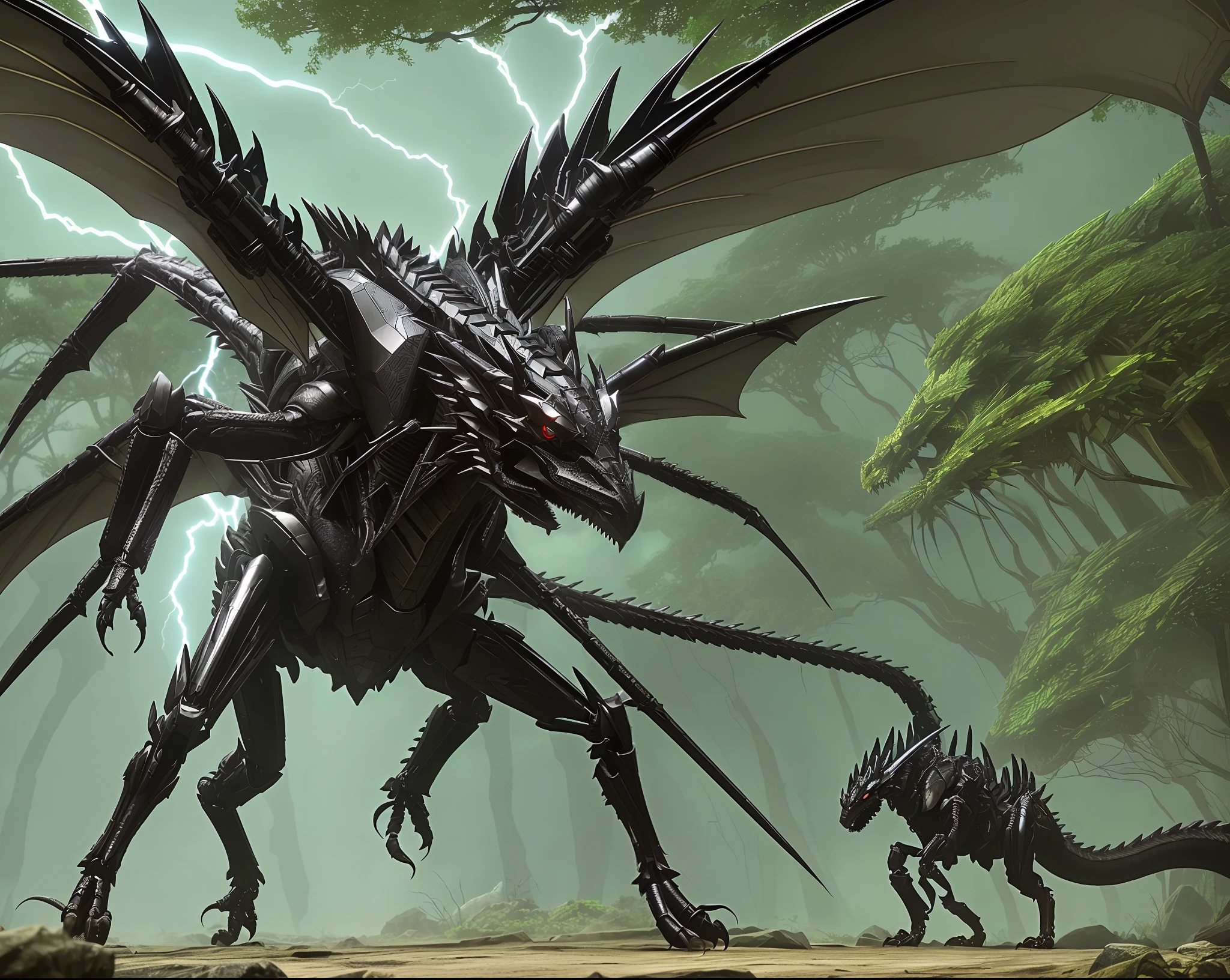 Synthetic Monster (Dragon's Head) ((Strong six-legged with exoskeleton, sharp scales, large sickle, three-pronged tail, six-legged walking)) (Spread wide insect wings) Forest (((Lightning effect)))