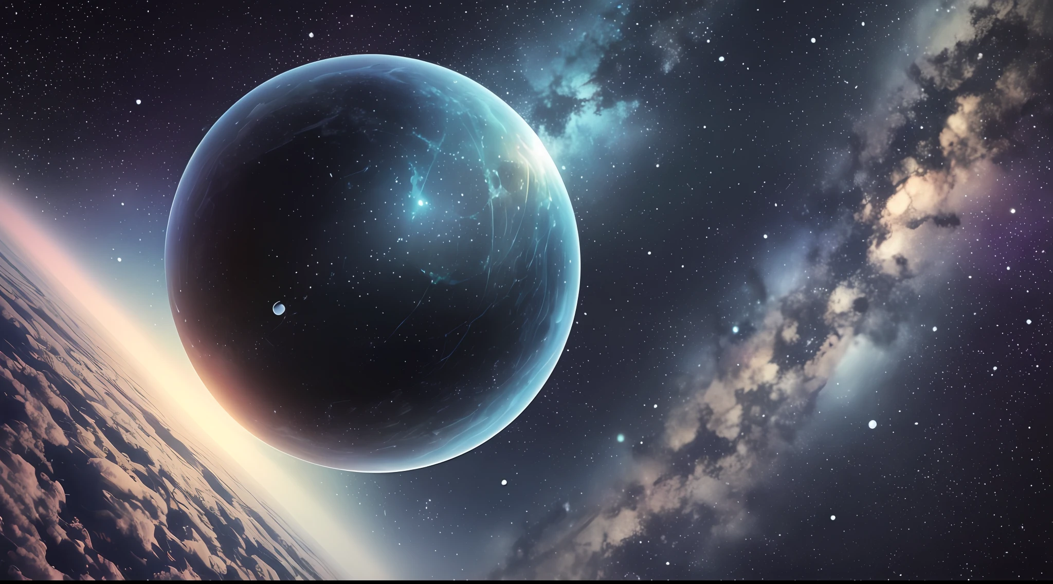 The background is black space, and in the foreground is a lonely planet made up of many bubbles --auto --s2