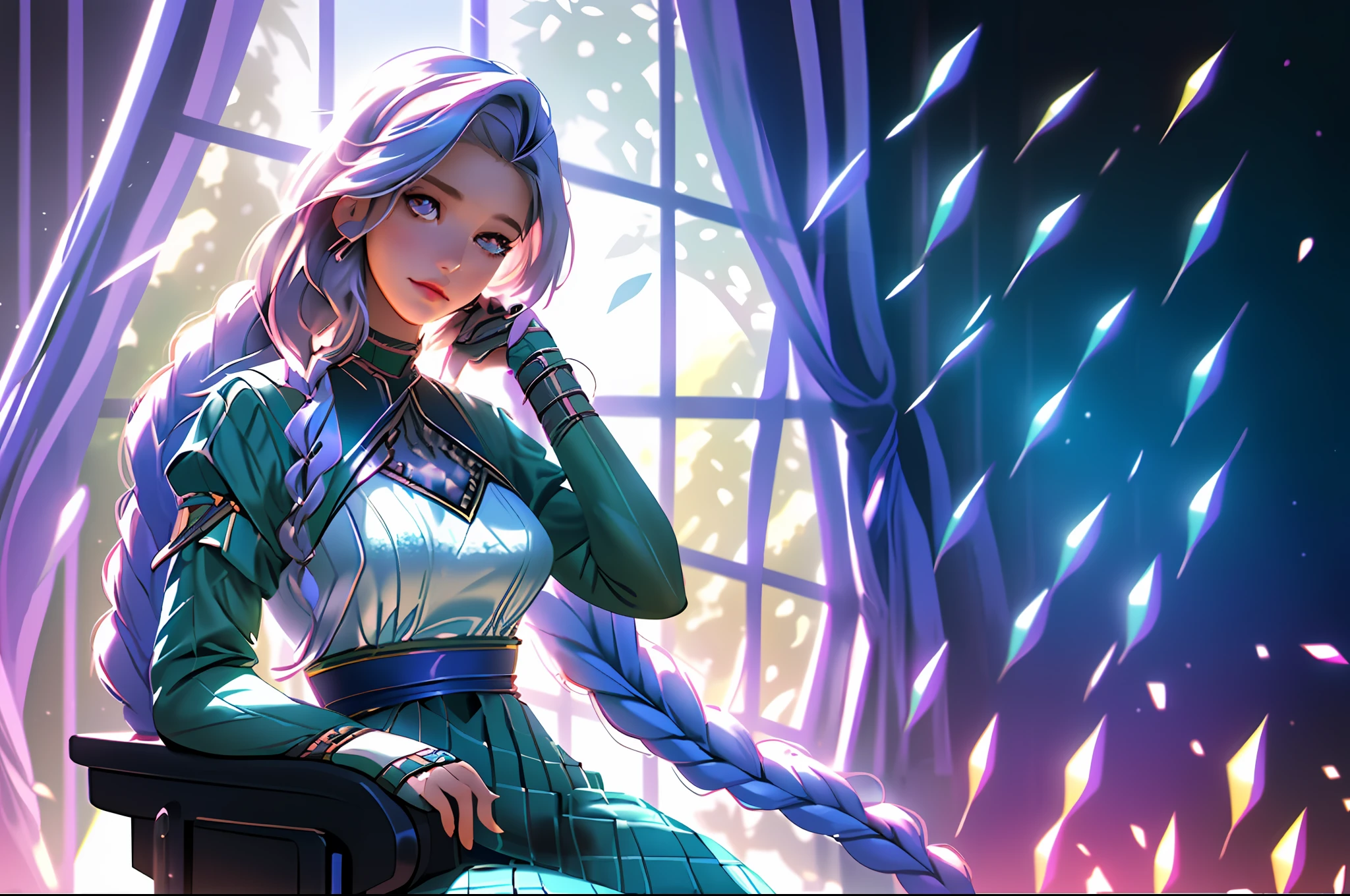 Girl sitting on a school chair, with long hair with flowers, one big long braid on her side, looking out the window, beautiful and detailed eyes, beautiful hands, nice sharp lips, thinking, quiet atmosphere, sunlight, high details, UHD, 8k, best quality