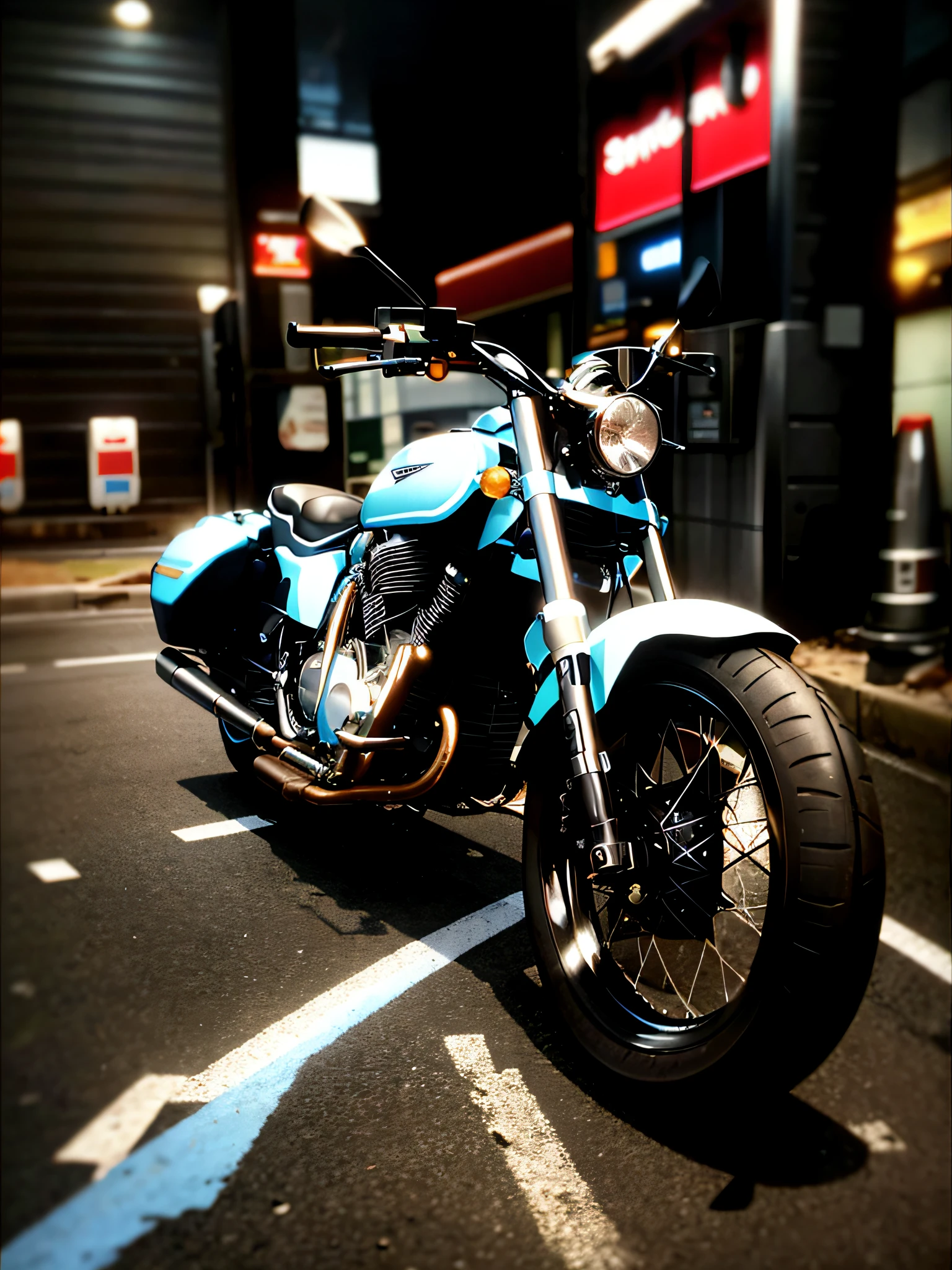 there is a motorcycle parked in front of a gas station, motorcycle, thunderstom, captured on iphone, iphone capture, lowres, thunder, shot with iphone 1 0, complex!!, motorcycles, super wide, fantasy!!!, heavy vignette!, with big chrome tubes, kawasaki, hyper detailed!!, unreal engin, white!!, high detail!!, biker