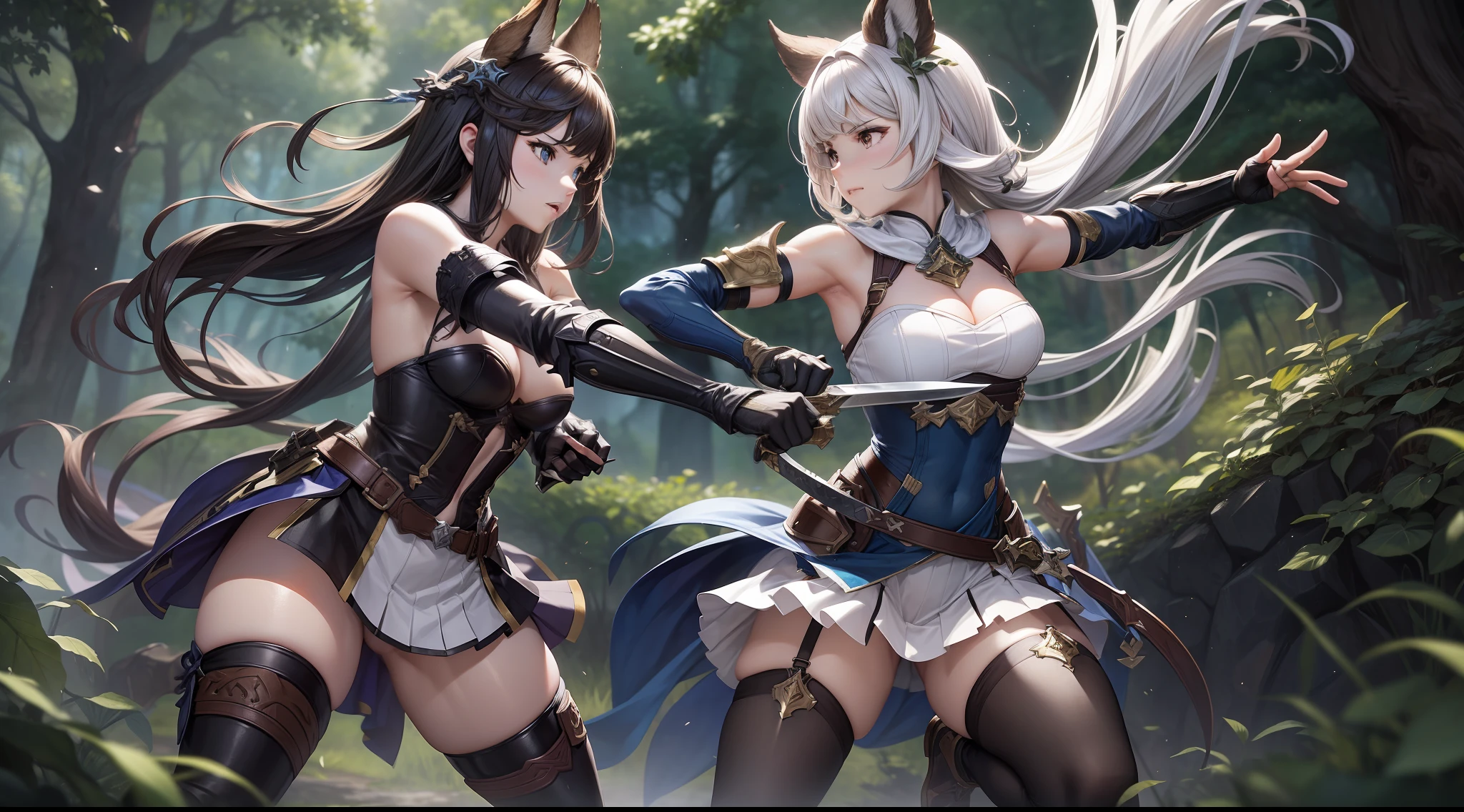 (full body shot:1.2)(correct anatomy), depicting a breathtaking (granblue fantasy) scene of two fierce female warriors engaged in close combat with their short swords. The fight is intense and deadly, as one of them is defeated. The victor looks resolute and determined to end the match. Their (detached sleeves:1.1) reveal a hint of beauty, along with their (long gloves) (skirt) and (black thigh highs). The lush forest in the background provides a stunning natural backdrop.