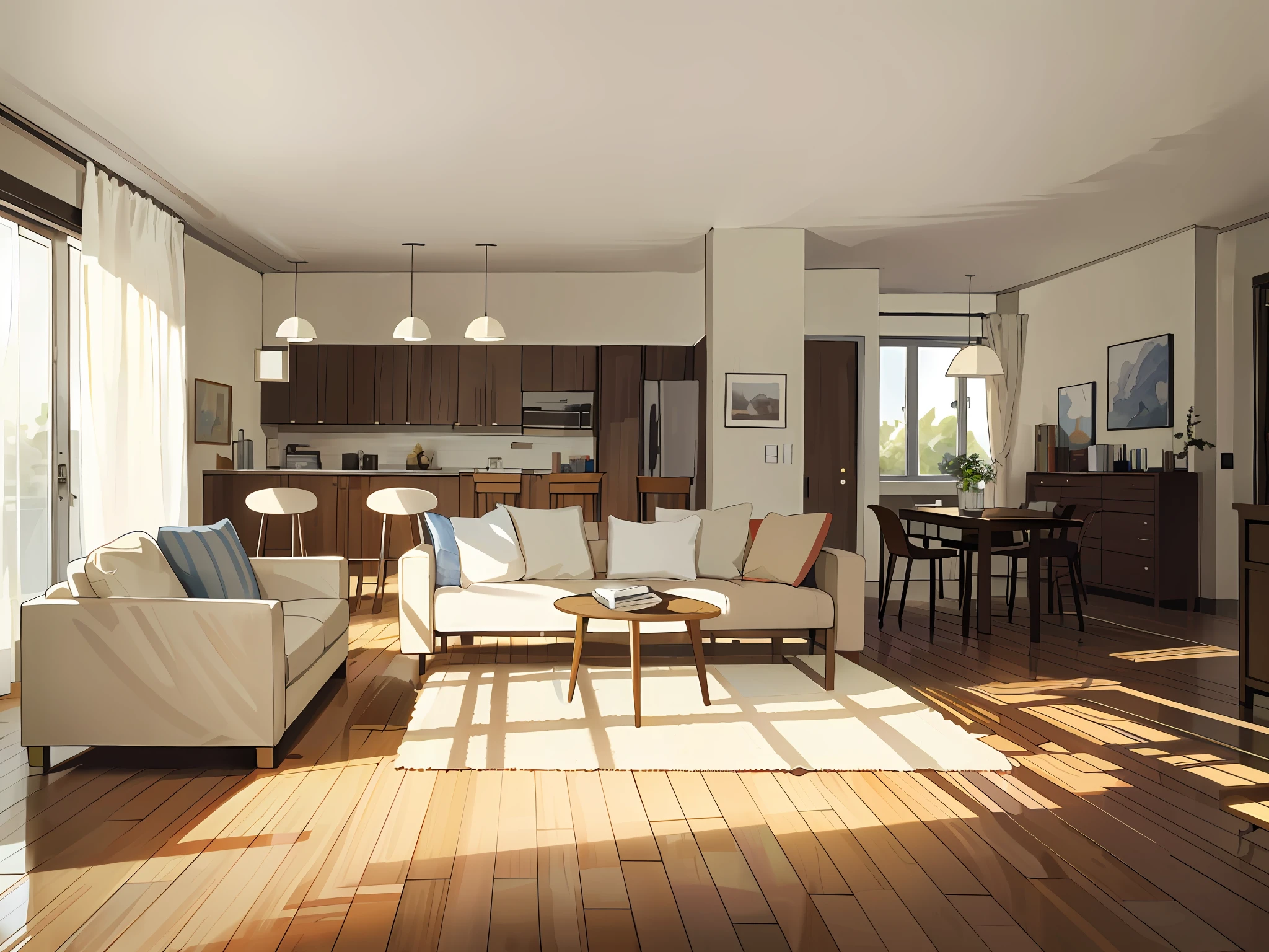 a sketch of a beautiful modern living room, (((foster and partners, artists impression, artistic impression, by Hamish MacDonald, by Carey Morris, by David Brewster, higher detailed illustration, by Helen Berman, an illustration, detailed illustration, by Nick Fudge, by Warren Mahy, artist's impression))), a red kitchen cabinet behind the white sofa, with minimal pictures on the wall, linen curtain next to the classroom window, coffee table, modern wood, ceiling with magnetic emissive lighting, white fabric PRB textures, wooden floor PRB texture,