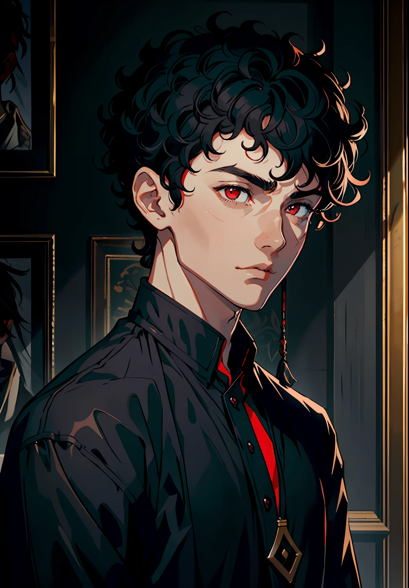 Attention on his head, a young man with short and curly black hair, is adorned with a black cloth. Detail his face, focus on his calm expression and striking red eyes.