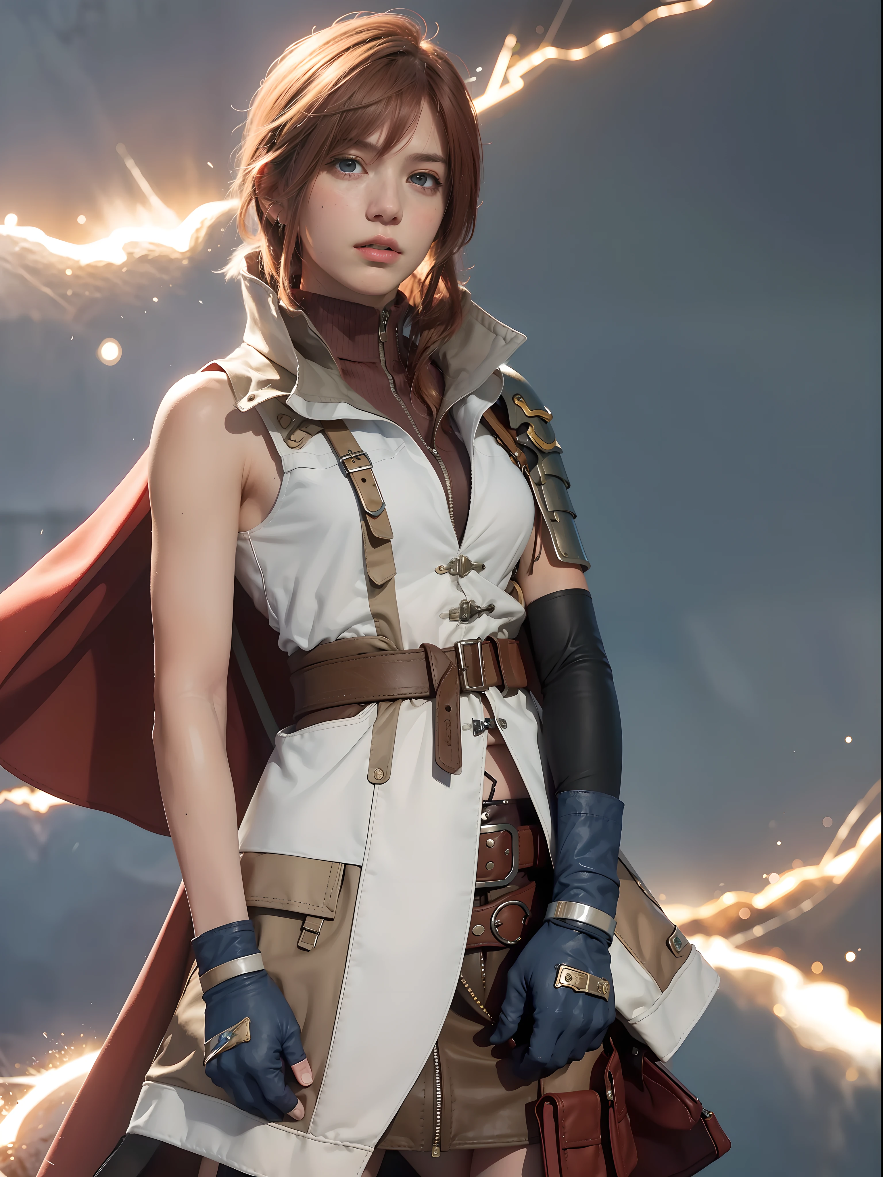 (masterpiece, best quality:1.2), cowboy shot, solo, 1girl, lightning farron, expressionless, closed mouth, sleeveless, shoulder armor, cape, skirt, fingerless gloves