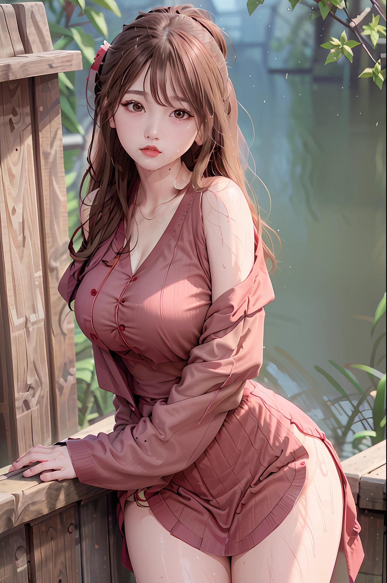 8k, Best Quality, Realistic Picture, Intricate Detail, Ultra Detail, Ultra High Resolution, Depth Field, (Realistic, Realistic: 1.2), Masterpiece, Good Feel, 4K, High Resolution, Masterpiece, Best Quality, 1girl, (Korean K-pop idol), Red clothes, Delicate skin, Sharp focus, (Cinema light), Collarbone, Morning, Soft lighting, Dynamic angle, [:( Facial Detail: 1.2):0.2], (Canan EOS R6, 135mm, 1/1250s, f/2.8, ISO 400:0.9) Thick thighs, wide hips, thin waist, tall, coral, red lips, red eyes, ponytail, (sweat: 1.2), (wet), sexy, blush