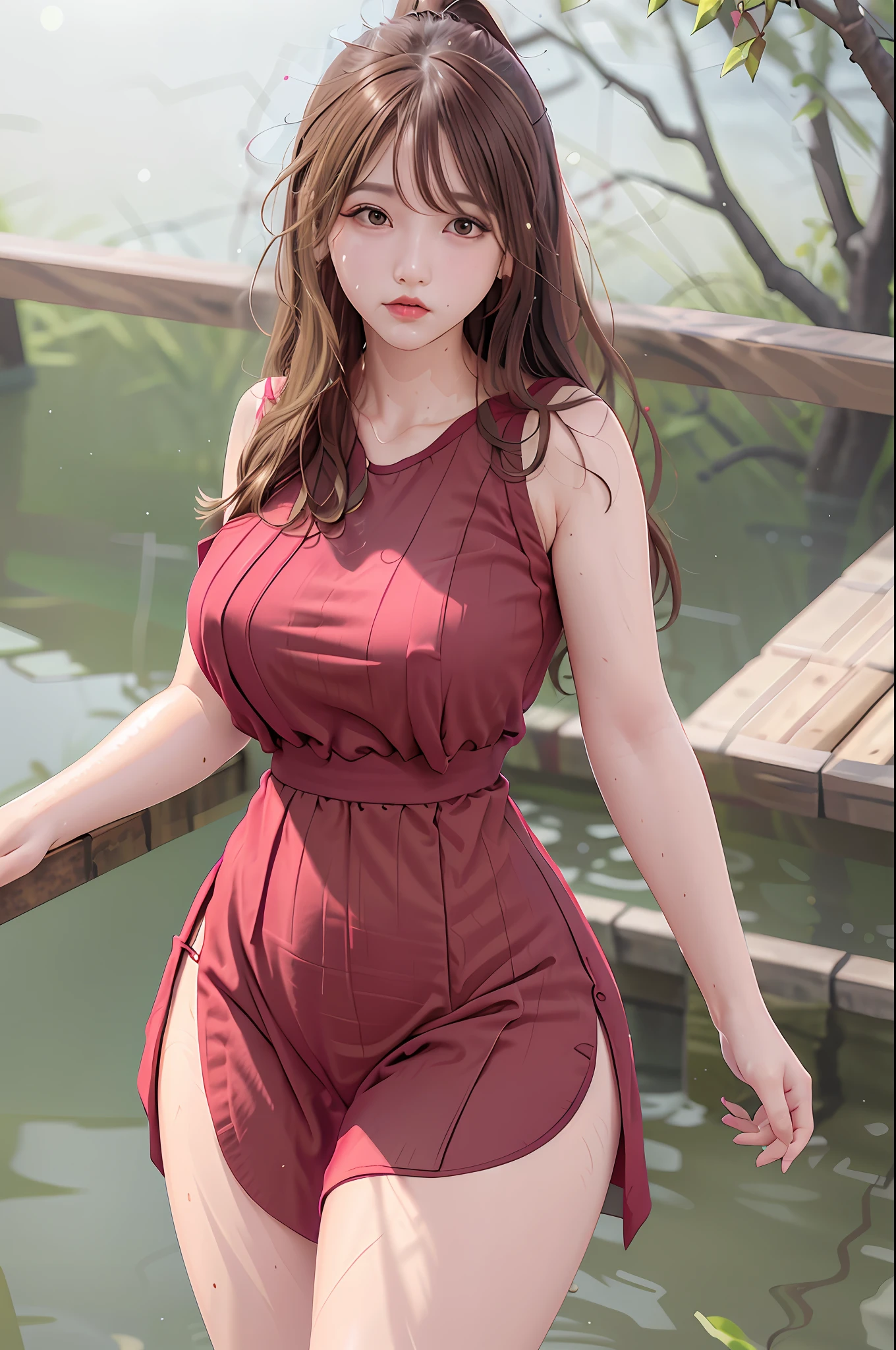 8k, Best Quality, Realistic Picture, Intricate Detail, Ultra Detail, Ultra High Resolution, Depth Field, (Realistic, Realistic: 1.2), Masterpiece, Good Feel, 4K, High Resolution, Masterpiece, Best Quality, 1girl, (Korean K-pop idol), Red clothes, Delicate skin, Sharp focus, (Cinema light), Collarbone, Morning, Soft lighting, Dynamic angle, [:( Facial Detail: 1.2):0.2], (Canan EOS R6, 135mm, 1/1250s, f/2.8, ISO 400:0.9) Thick thighs, wide hips, thin waist, tall, coral, red lips, red eyes, ponytail, (sweat: 1.2), (wet), sexy, blush