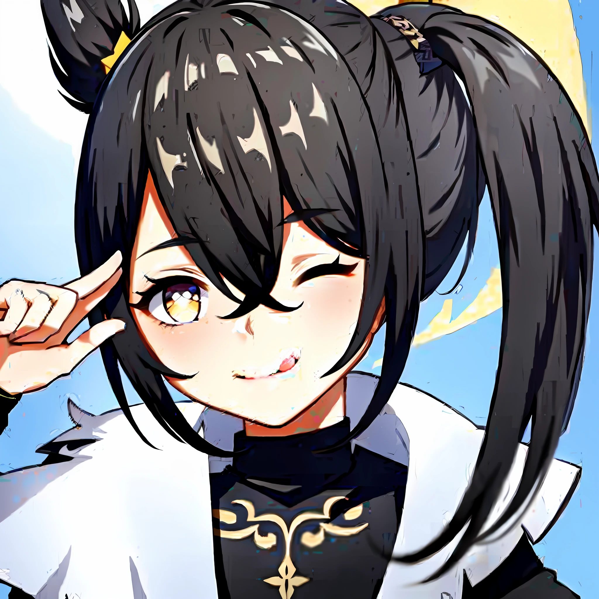 genshin, looking at viewer, smile, simple background, one eye closed, tongue, tongue out, close-up, salute, two-finger salute, (masterpiece, best quality:1), girl, solo, bags under eyes, bangs, black hair, yellow eyes, halo, ponytail hair, black jacket, red skirt,