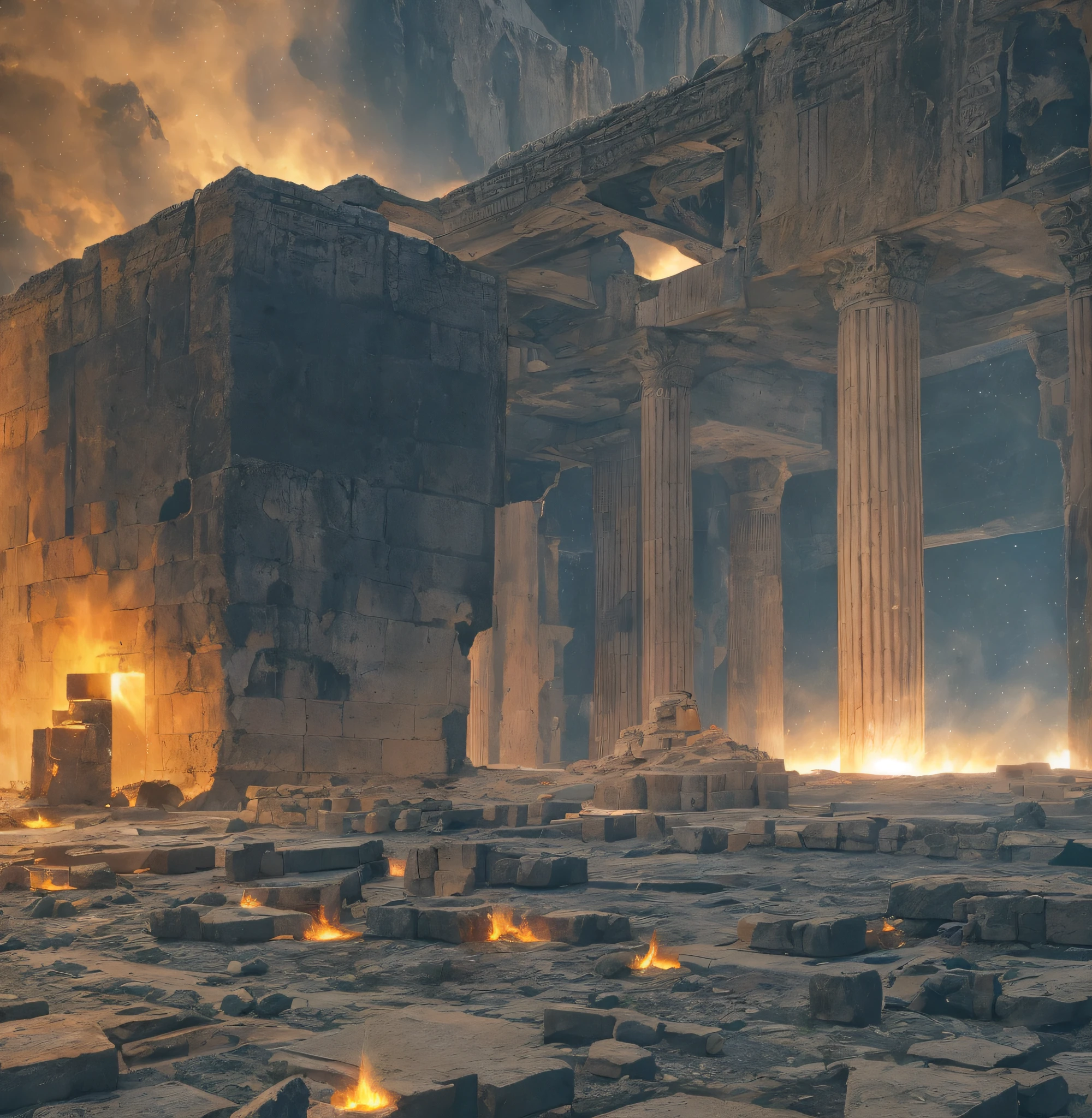 The Baalbek complex of buildings, the solar system in another dimension, other worlds, extraterrestrial giant beings perform a ritual, fire all around, celestial singularity, energy fields, gloomy image, horror