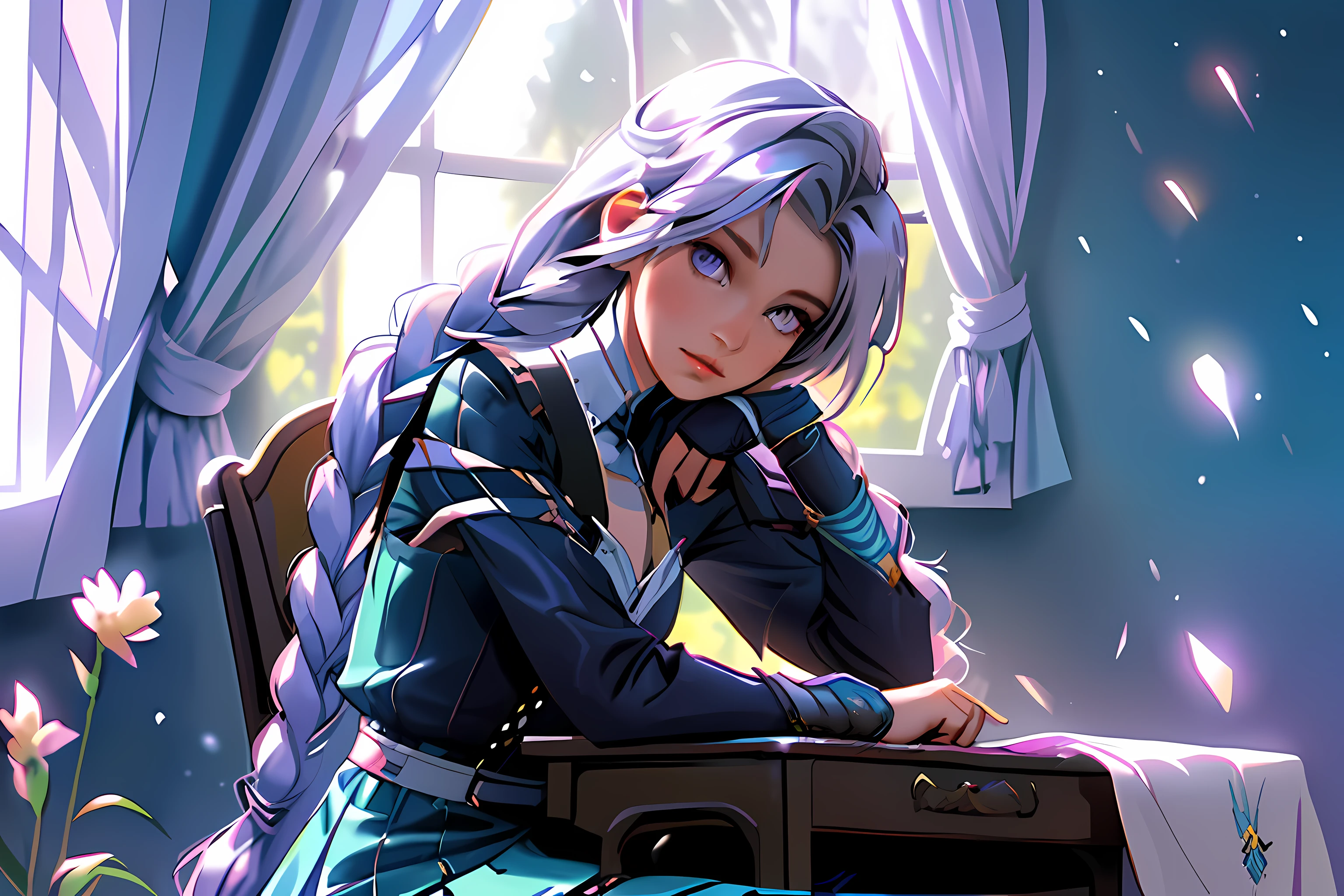 Girl sitting on a school chair, with long hair with flowers, one big long braid on her side, looking out the window, beautiful and detailed eyes, beautiful hands, nice sharp lips, thinking, quiet atmosphere, sunlight