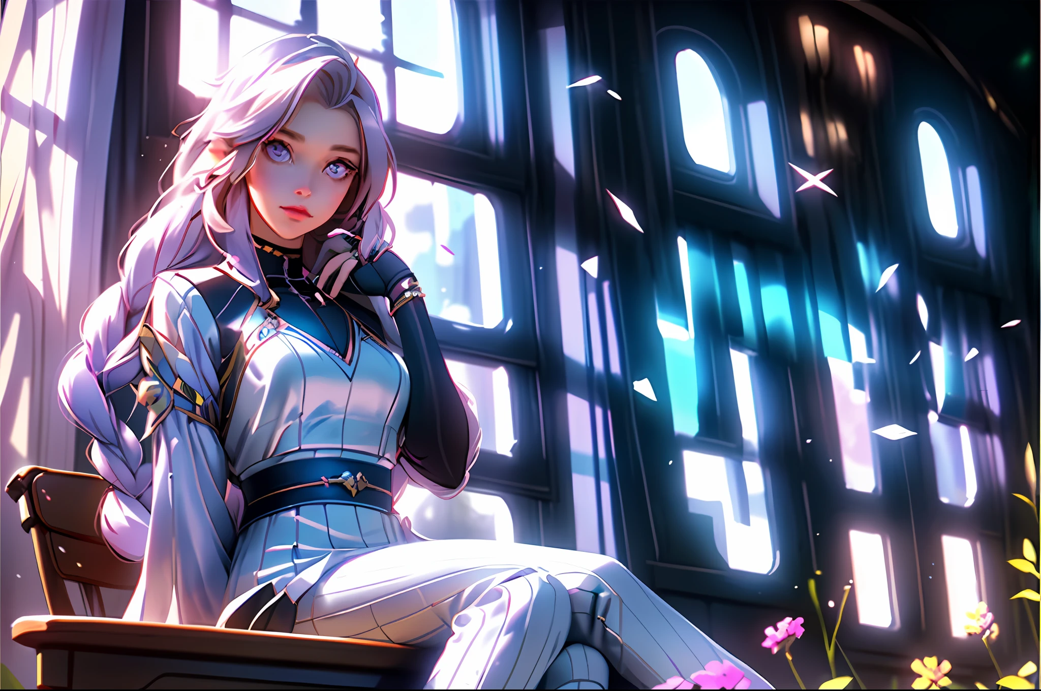 Girl sitting on a school chair, with long hair with flowers, one big long braid on her side, looking out the window, beautiful and detailed eyes, beautiful hands, nice sharp lips, thinking, quiet atmosphere, sunlight