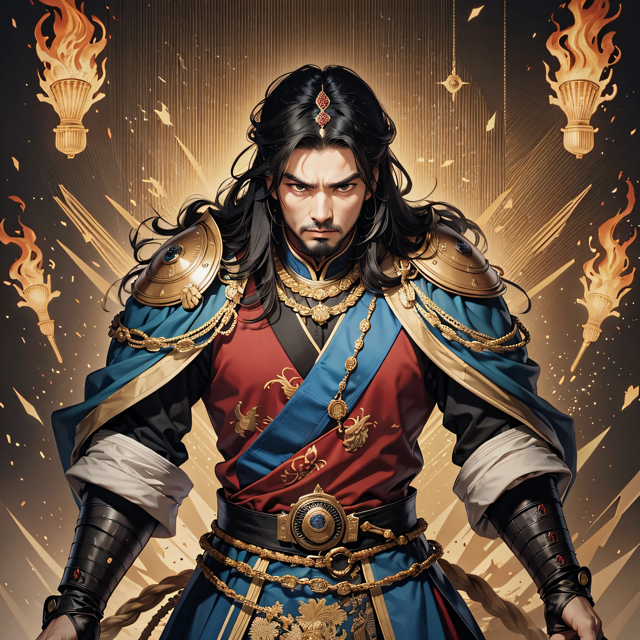Warring States period, emperor, 40s, very strong, dignified, stern gaze, anger, battle, dynamic wallpaper, 8k, very delicate, very dense, bright color, black hair, majesty of a king, upper body, chest up