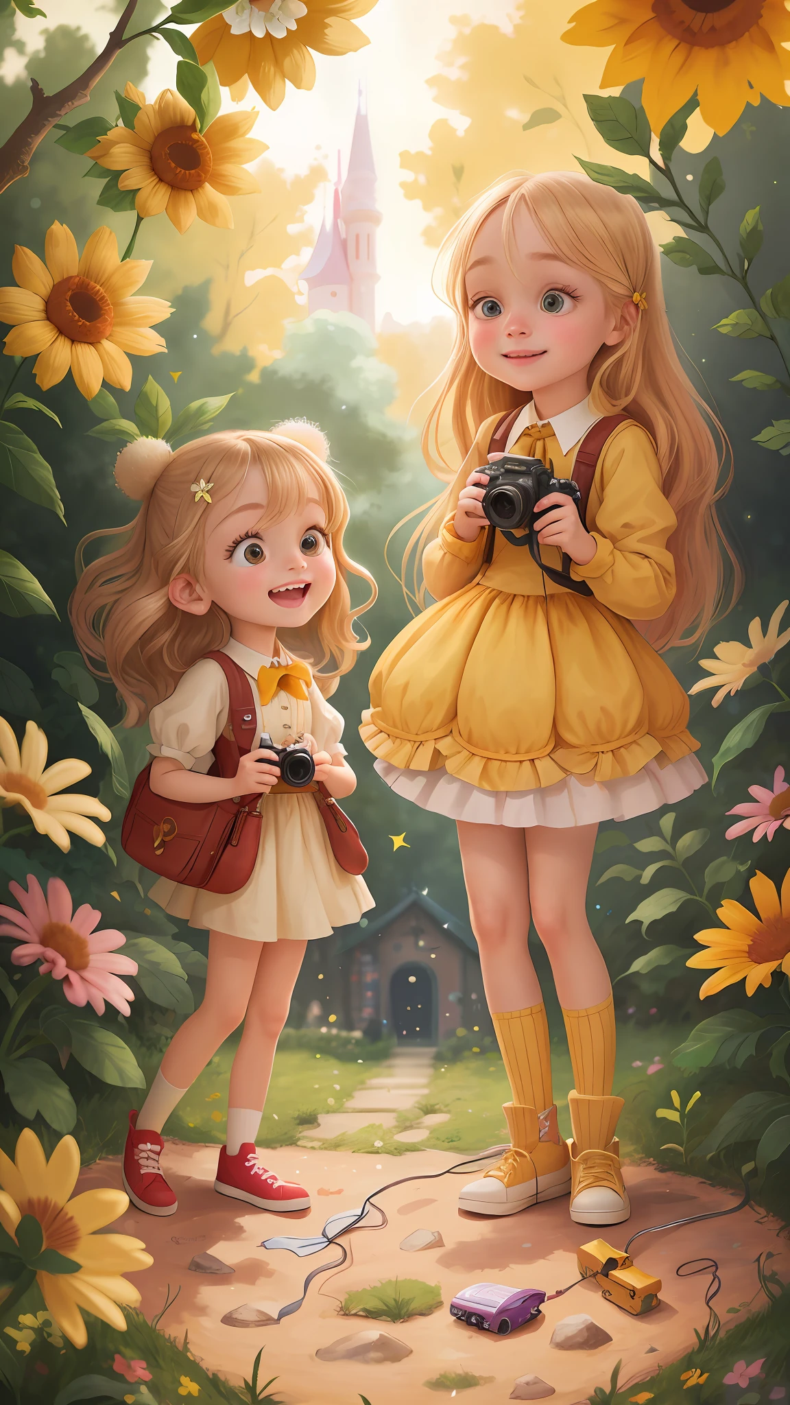 A girl, one of them blonde with long hair, taller, in the amusement park, holding dslr camera, happy, happy, perfect quality, clear focus (clutter - house: 0.8), (masterpiece: 1.2) (Realistic: 1.2) (Bokeh) (Best quality) (Detailed skin: 1.3) (Intricate details) (8K) (Detail eyes) (Sharp focus), (Happy)
