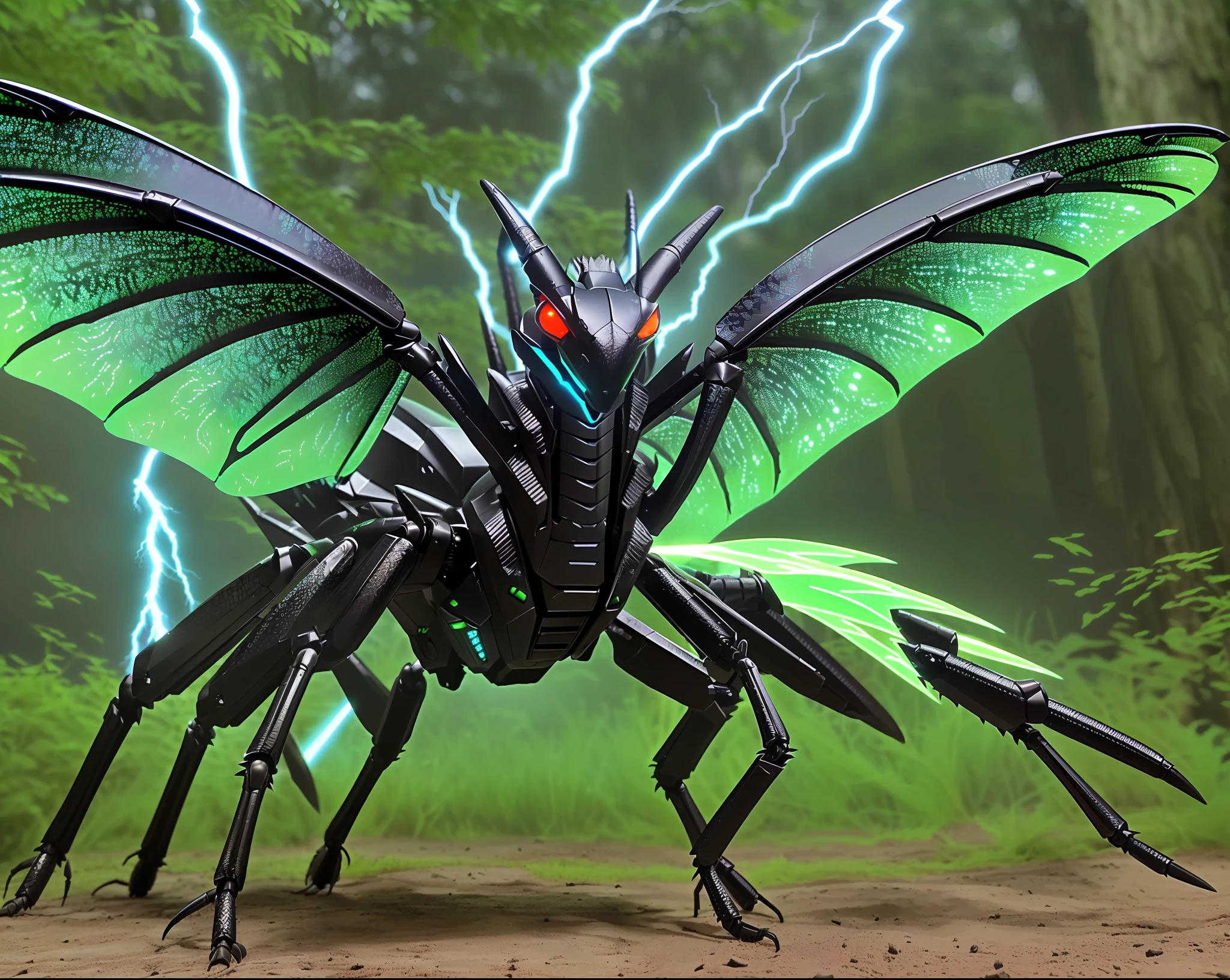 Synthetic Monster Insect (Dragon's Head) ((Strong six-legged with exoskeleton, sharp scales, large sickle, three-pronged tail, six-legged walking)) (Spread out insect wings) Forest (((Lightning effect)))