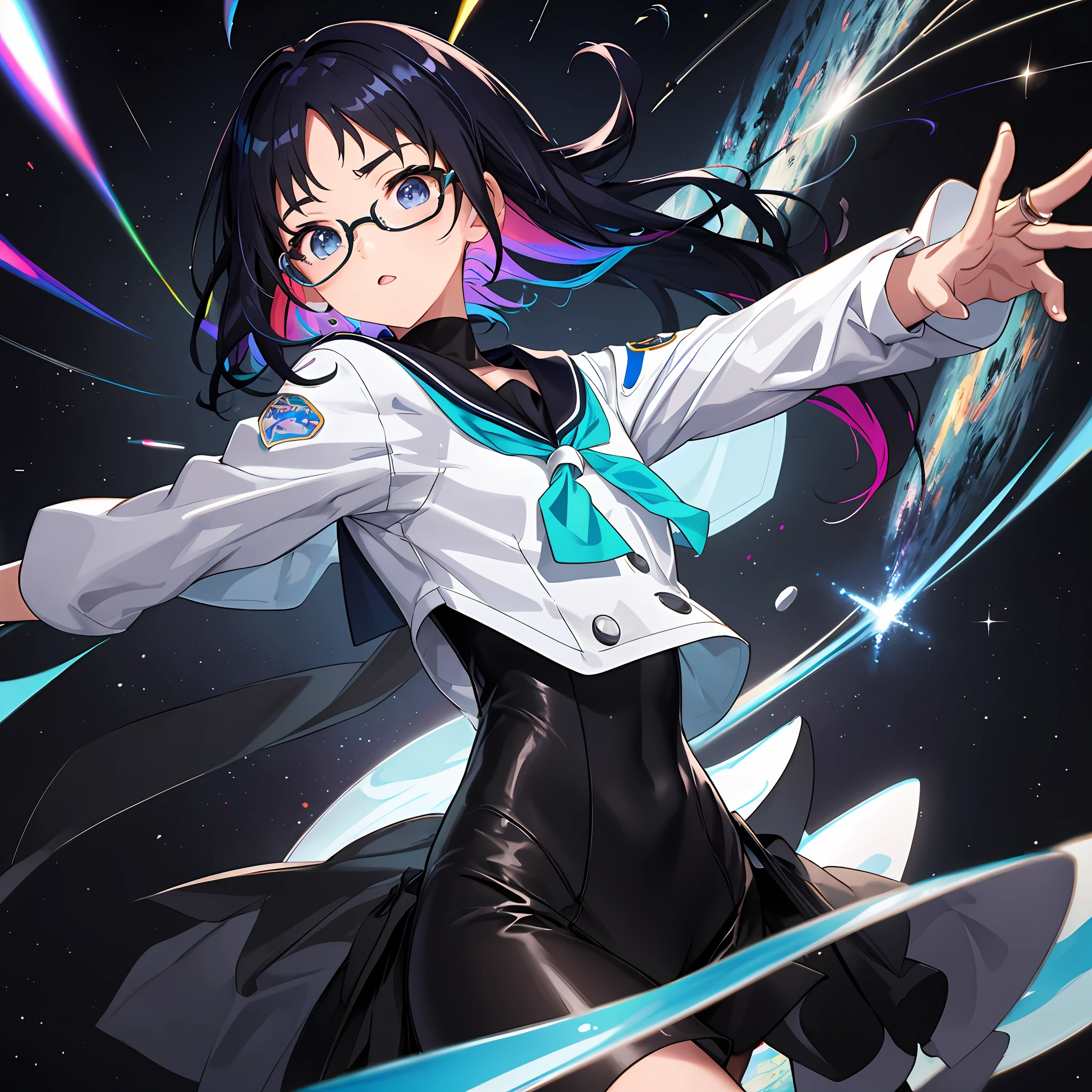 Rainbow color effect, complex and colorful effect on background, hairstyle is short, glasses, fist and fist fight, space debris is floating, background is outer space, bodysuit and sailor suit fusion, sailor suit and bodysuit fusion, small, female brat, thick eyebrows, thin waist, beautiful blue eyes, beautiful black hair, short cut, (masterpiece), ((best quality)), (super detailed), girl, clean and detailed face , 5 fingers, textile shading, perfect anatomy,