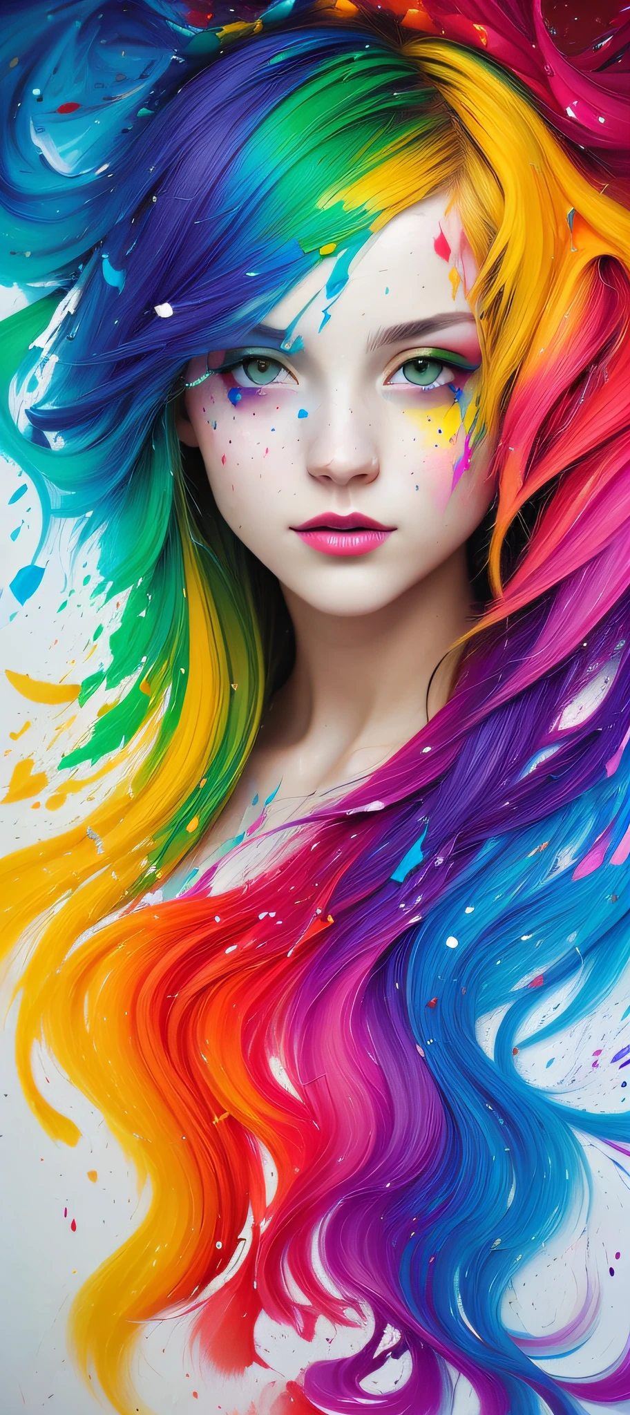 (level difference:1.8),(Paint colliding and splashing on the canvas),(depth of field),1girl's side face blends into it,(side face),open mouth,(liquid paint rainbow hair:1.1) made of paint and defies gravity,thick flowing,(paint splatter:1.3),Liquid state,stunningly beautiful, masterpiece, detailed background,ultra high quality model, ethereal background,abstract beauty, explosive volumetric, oil painting,heavy strokes,Romantic lighting,Sub-Surface Scatterring,lens 135mm,f1.8,glow,8k,high resolution, dreamy,ray tracing,hdr,god rays,