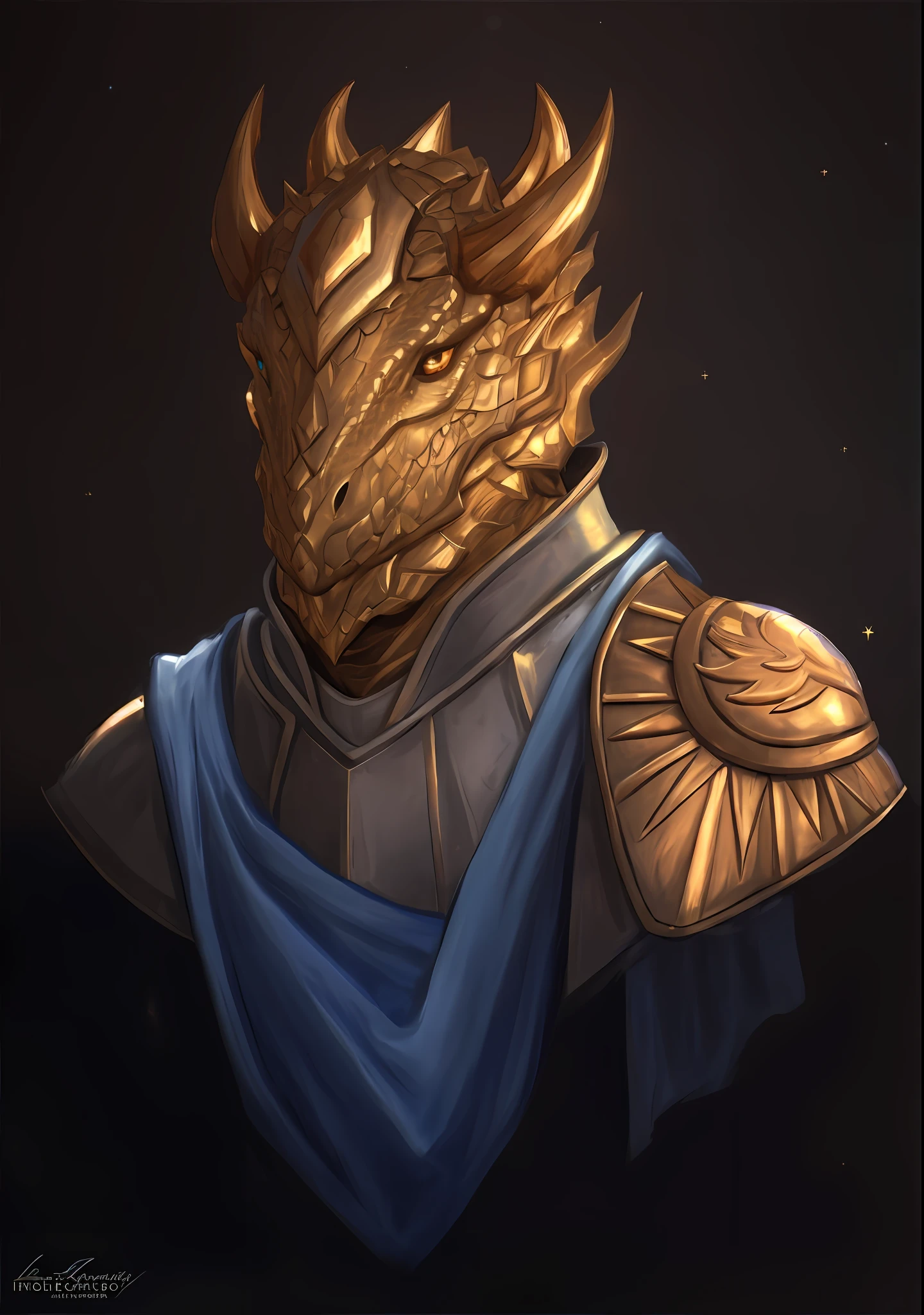 (masterpiece), ultra-detailed CG unity 8k wallpaper, high resolution, realistic Golden Dragon humanoid wizard with a serious expression, reptile look, wears breastplate under wizard robes, full body render, wielding a halberd, placed in an outer space background.