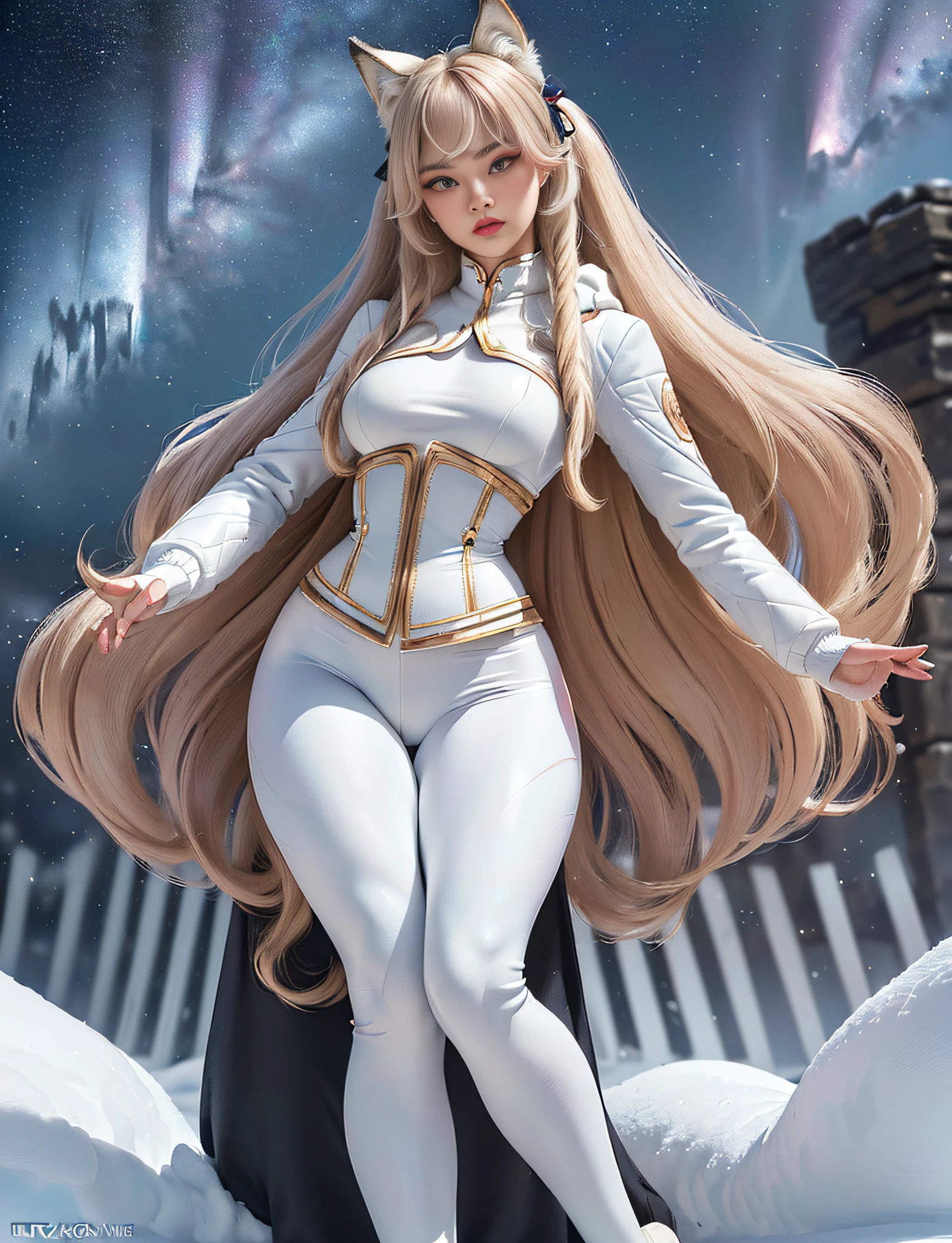 ((very detailed RAW color photo)), (((1 girl))), (((alone))), (((32 years))), ((athletic)), ((very defined toned physique)), ((very defined and beautiful muscular body)), (((very detailed perfect body))), (((small and defined breasts))), (((ultra defined curves))), (((superior quality, 8k, masterpiece: 1.3)), sharp focus: 1.2, (((extremely beautiful girl with perfect figure: 1.4))), ((very thin waist: 1.2)), ultra detailed skin texture, ((perfect and beautiful hands)), ((smooth and soft skin)), (ultra detailed fabric texture), extremely beautiful face ultra detailed, (((extremely beautiful))), ultra detailed, (((girl wearing a white snow jacket and tight snow leggings with very modern hiking boots))), (((the suit is white and modern))), (((extremely long curly blonde hair))), extremely beautiful, (((extra long ponytail with bangs))), ((very detailed and beautiful wolf ears)), (hair on the face), ((hair ribbon)), dynamic pose, ((uniform leaves thighs exposed)), ((ultra detailed and toned legs)), (((ultra detailed waist))), (((very wide hips))), (((very thick and toned thighs))), (sexy), (((extreme hourglass figure))), (((very thick heart lips))), (((red lipstick)), ((ultra detailed lips)), ((ultra detailed and bright calypso eyes)), ((angry look)), (((staring at the viewer))), ultra detailed provocative mouth, extremely beautiful seductive lips, ((blushing)), (makeup), (((ultra defined waist))), eye shadow, (full body shot), she is on a snowy mountain, starry sky, galaxies, sun