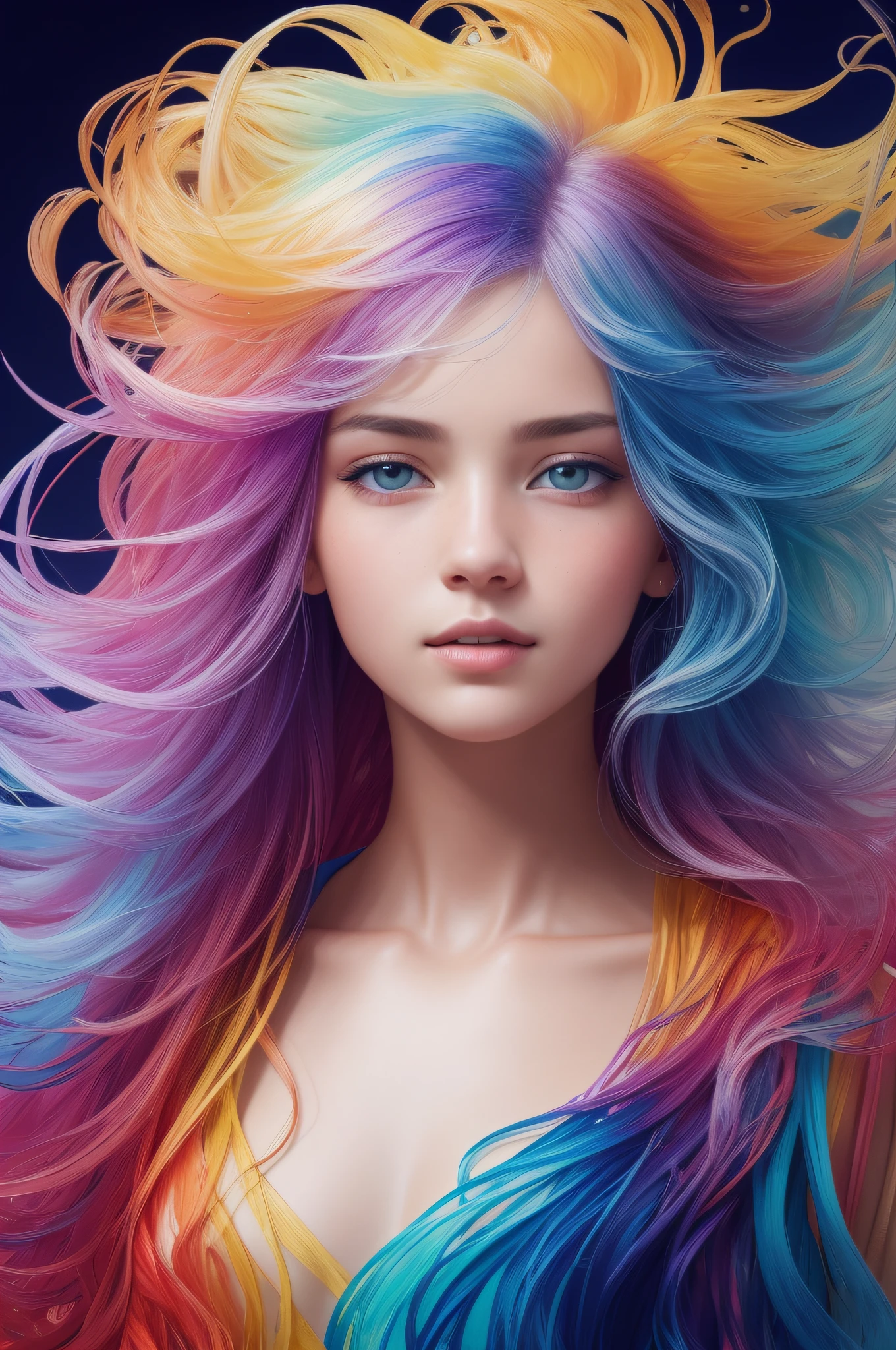 Colorful beautiful girl: a giru 8-, messy hair, oil painting, nice perfect face with soft skinice perfect face, blue yellow colors, light purple and violet additions, light red additions, intricate detail, splash screen, 8k resolution, masterpiece, cute face,artstation digital painting smooth veryBlack ink flow: 8k resolution photorealistic masterpiece: intricately detailed fluid gouache painting: by Jean Baptiste Mongue: calligraphy: acrylic: watercolor art, professional photography, natural lighting, volumetric lighting maximalist photoillustration: by marton bobzert:, complex, elegant, expansive, fantastical, wavy hair, vibrant