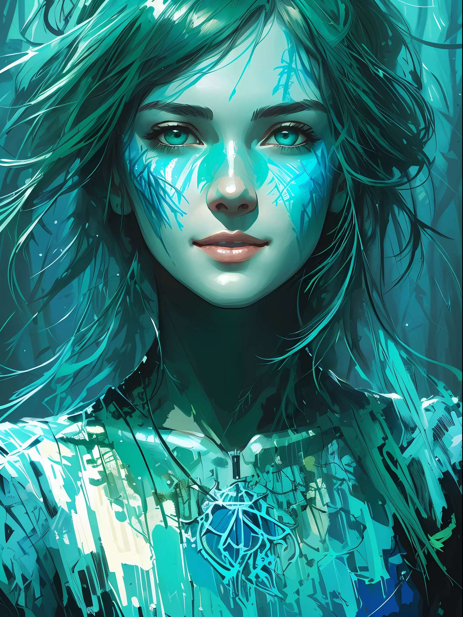 happy girl, centered, looking at the camera, approaching perfection, dynamic, (shades of blue and ((forest green:1.2)))), highly detailed, digital painting, art station, concept art, smooth, sharp focus, illustration, art by Carne Griffiths and Wadim Kashin, detailed face, 4k
