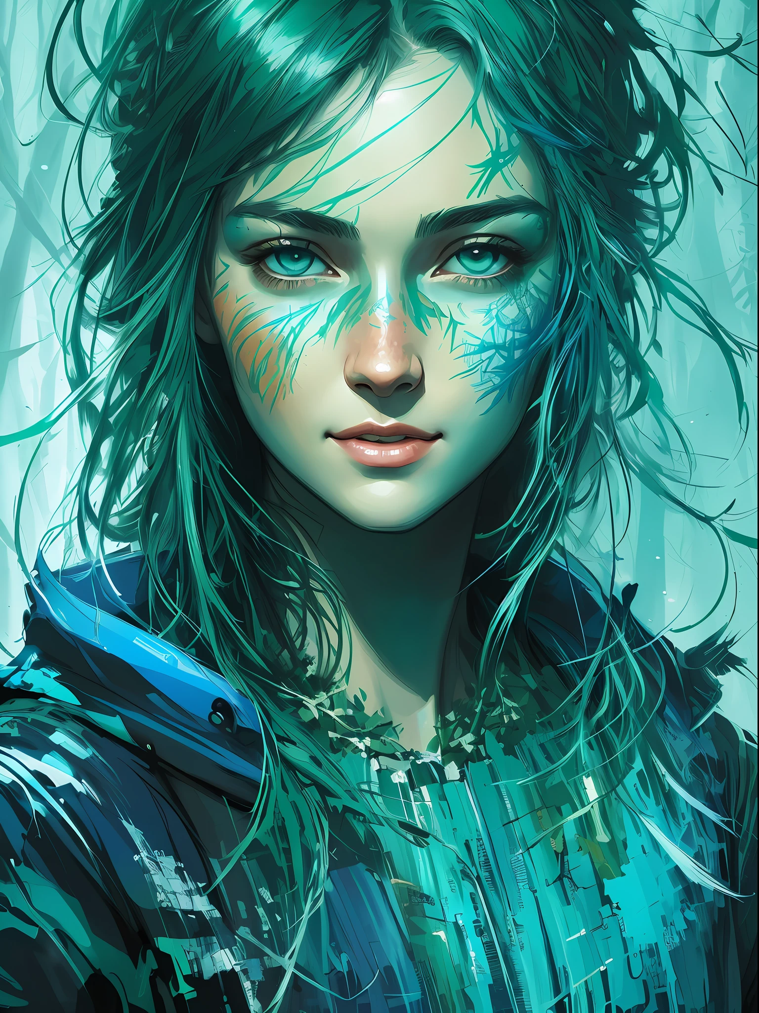 happy girl, centered, looking at the camera, approaching perfection, dynamic, (shades of blue and ((forest green:1.2)))), highly detailed, digital painting, art station, concept art, smooth, sharp focus, illustration, art by Carne Griffiths and Wadim Kashin, detailed face, 4k