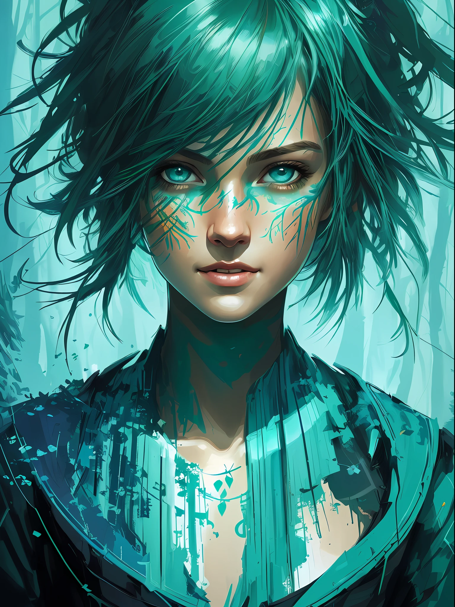 happy girl, centered, looking at the camera, approaching perfection, dynamic, (shades of blue and ((forest green:1.2)))), highly detailed, digital painting, art station, concept art, smooth, sharp focus, illustration, art by Carne Griffiths and Wadim Kashin, detailed face, 4k