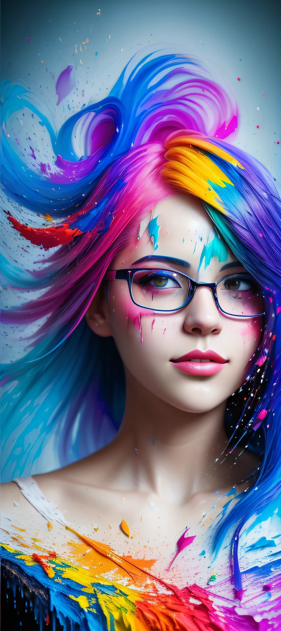 (level difference:1.8),(Paint colliding and splashing on the canvas),(depth of field),1girl with glasses, side face blends into it,(side face),open mouth,(liquid paint rainbow hair:1.1) made of paint and defies gravity,thick flowing,(paint splatter:1.3),Liquid state,stunningly beautiful, masterpiece, detailed background,ultra high quality model, ethereal background,abstract beauty, explosive volumetric, oil painting,heavy strokes,Romantic lighting,Sub-Surface Scatterring,lens 135mm,f1.8,glow,8k,high resolution, dreamy,ray tracing,hdr,god rays,