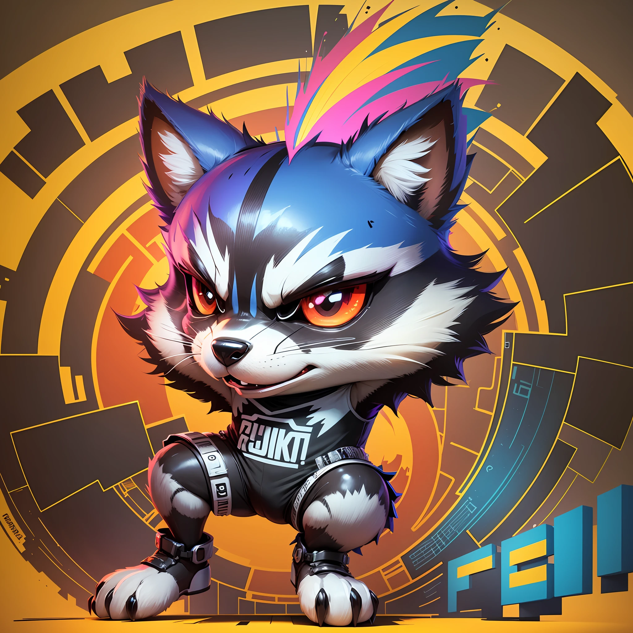 T-shirt art centered, isometric, vector ready to print Highly detailed color illustration of rocket raccoon character with cyber punk look, making p-funk sign, with a paint roll on the back, full body, vibrant contrast colors, detailed hight, full body, general plan, graffiti style, 8k, no letters --auto --s2
