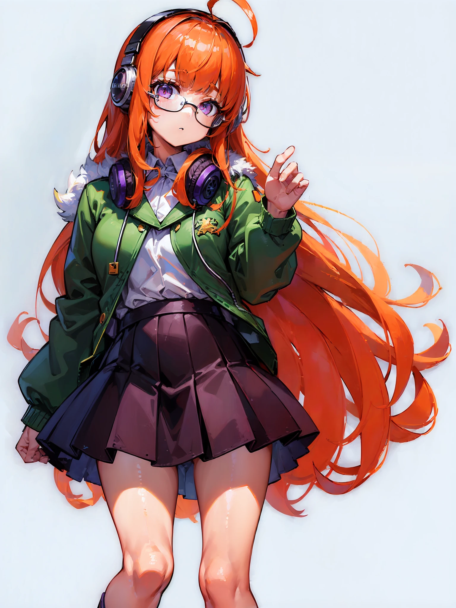 ((((((white background)))))),original,(illustration:1.1),(best quality),(masterpiece:1.1), extremely detailed 8K wallpaper, best quality, full body, solo, 1girl, dsfutaba, long orange hair, (ahoge:0.9), glasses, blunt bangs, purple eyes, small breasts, standing, school uniform, green fur jacket, (headphone:1.1), white background, no background,