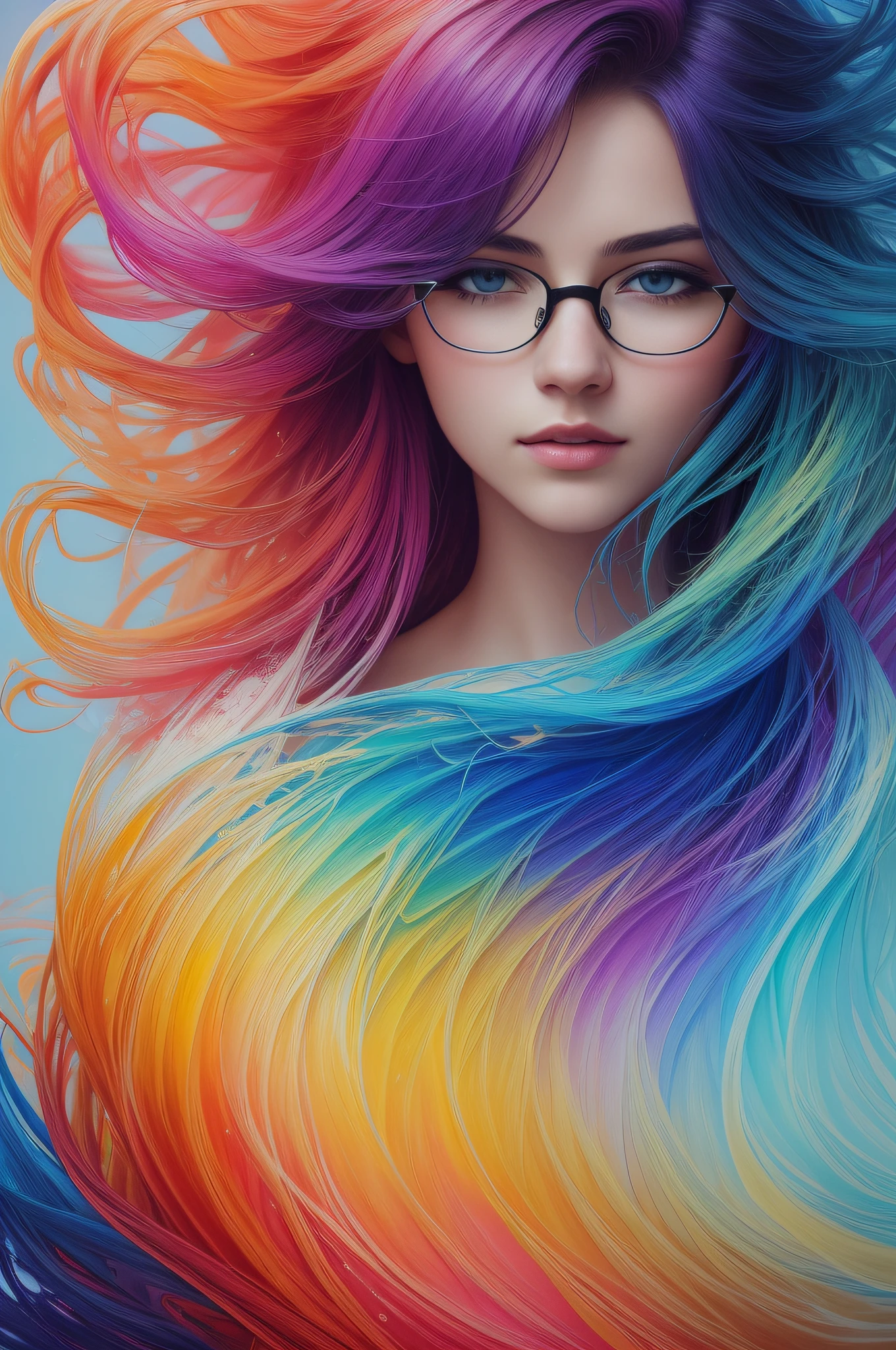 Colorful beautiful girl with glasses: a giru 20-years old, messy hair, oil painting, nice perfect face with soft skinice perfect face, blue yellow colors, light purple and violet additions, light red additions, intricate detail, splash screen, 8k resolution, masterpiece, cute face,artstation digital painting smooth veryBlack ink flow: 8k resolution photorealistic masterpiece: intricately detailed fluid gouache painting: by Jean Baptiste Mongue: calligraphy: acrylic: watercolor art, professional photography, natural lighting, volumetric lighting maximalist photoillustration: by marton bobzert:, complex, elegant, expansive, fantastical,  wavy hair, vibrant